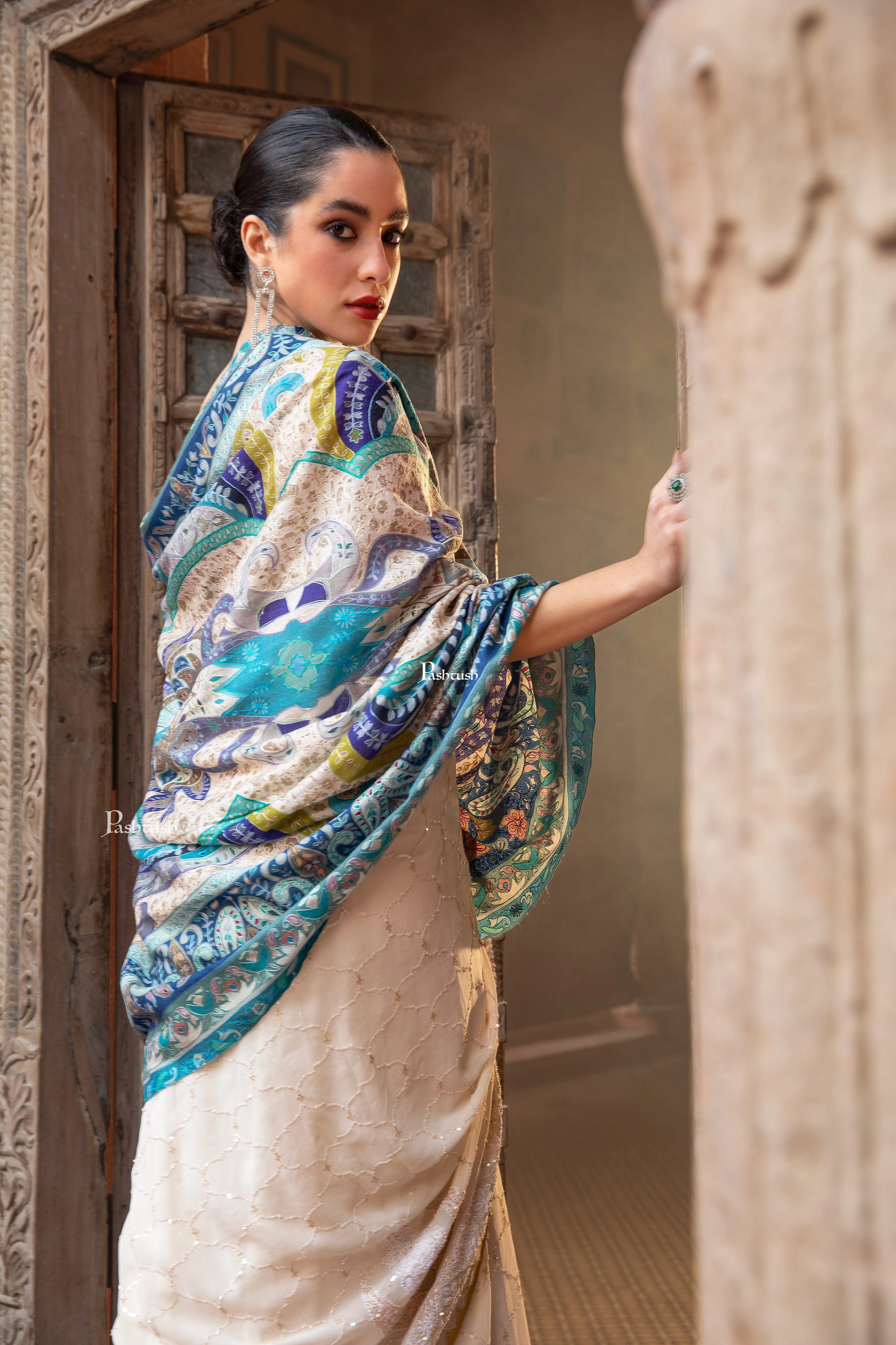 Pashtush Womens Kalamkari Shawl, Outlined Hand Embroidered, Fine Wool, Samarkand Blue