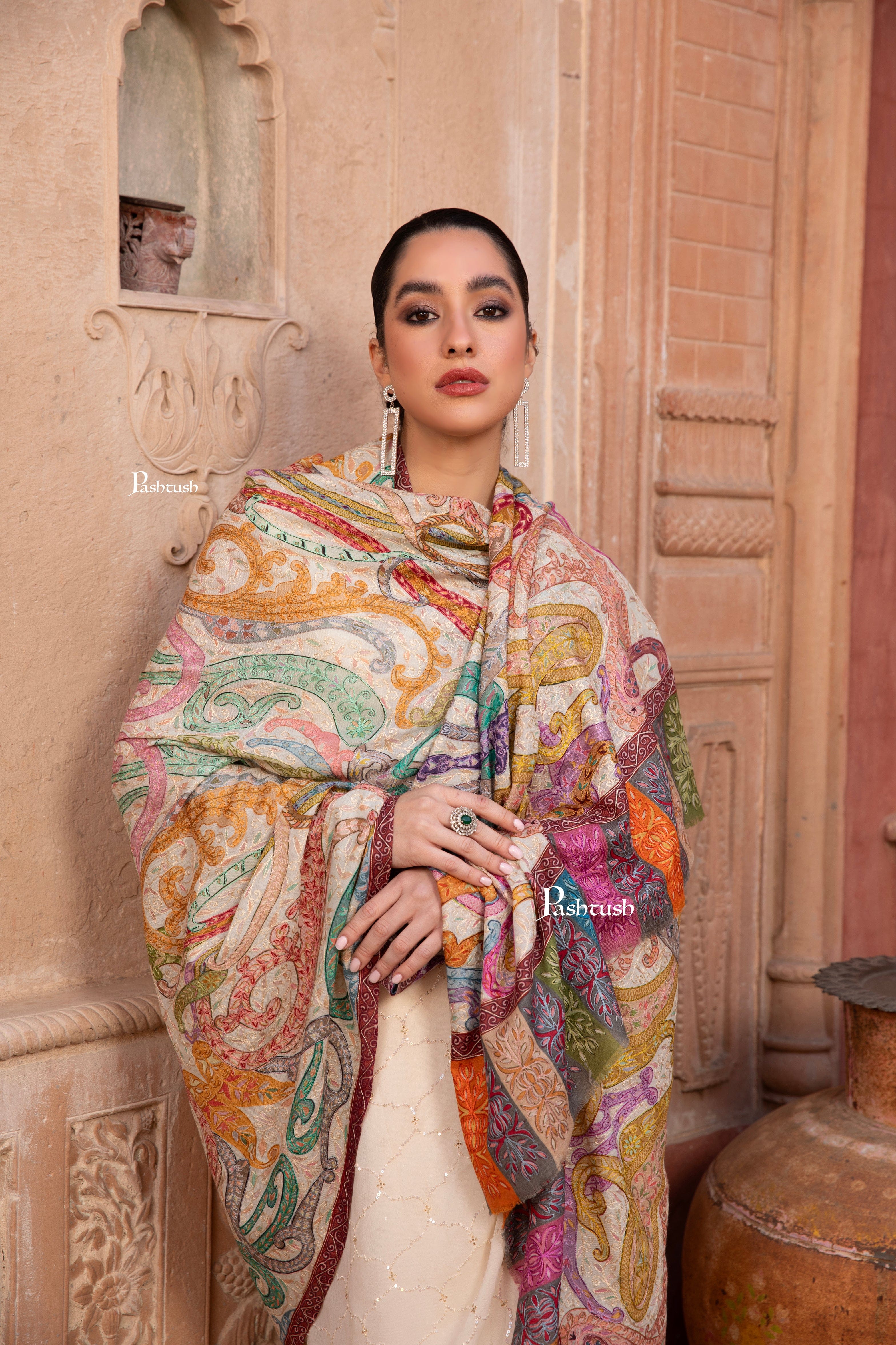 Pashtush Womens Kalamkari Shawl with Hand Embroidered Outline, Fine Wool, Dreamy Pastels - Image 3