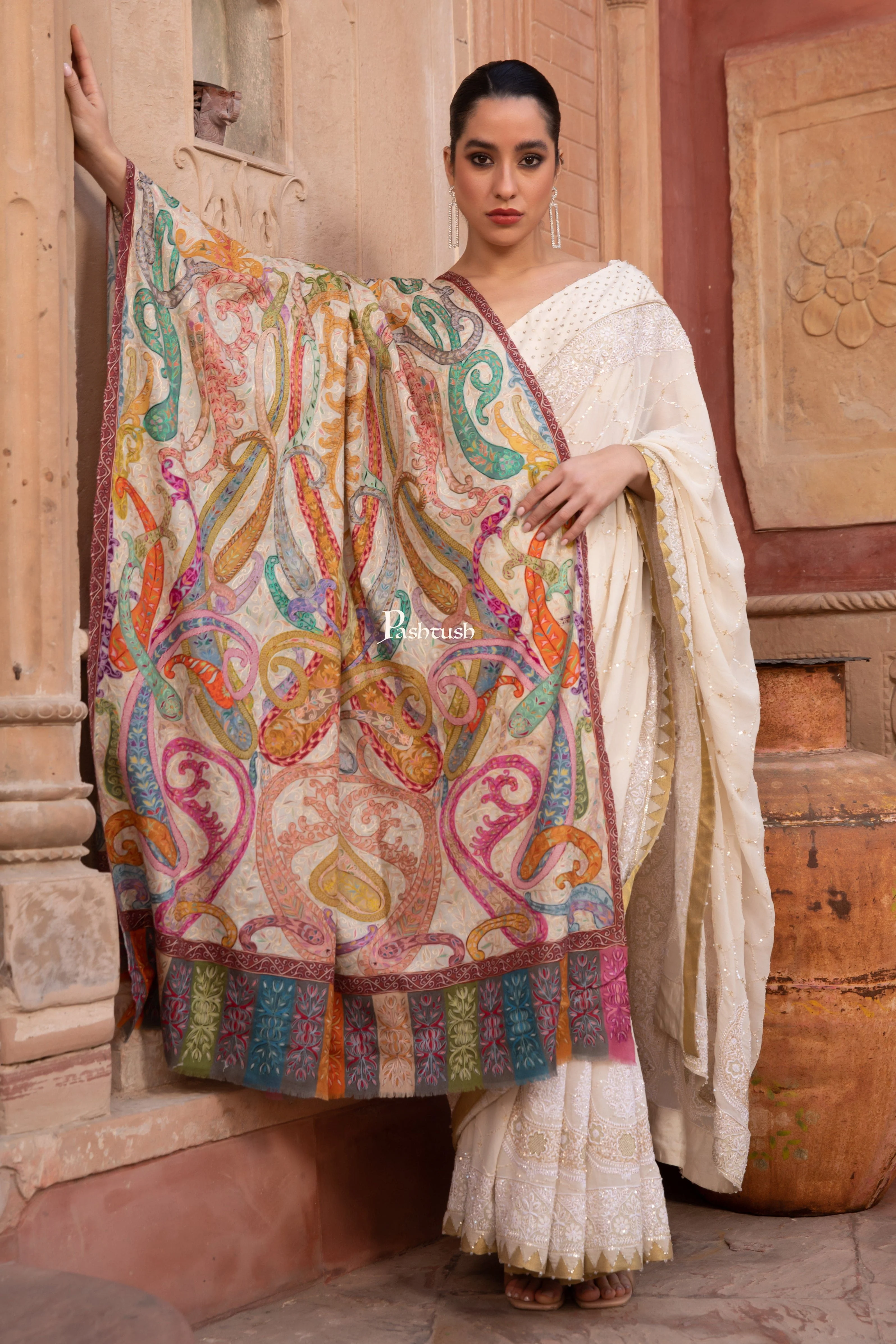 Pashtush Womens Kalamkari Shawl with Hand Embroidered Outline Work, Fine Wool, Shades of Bloom