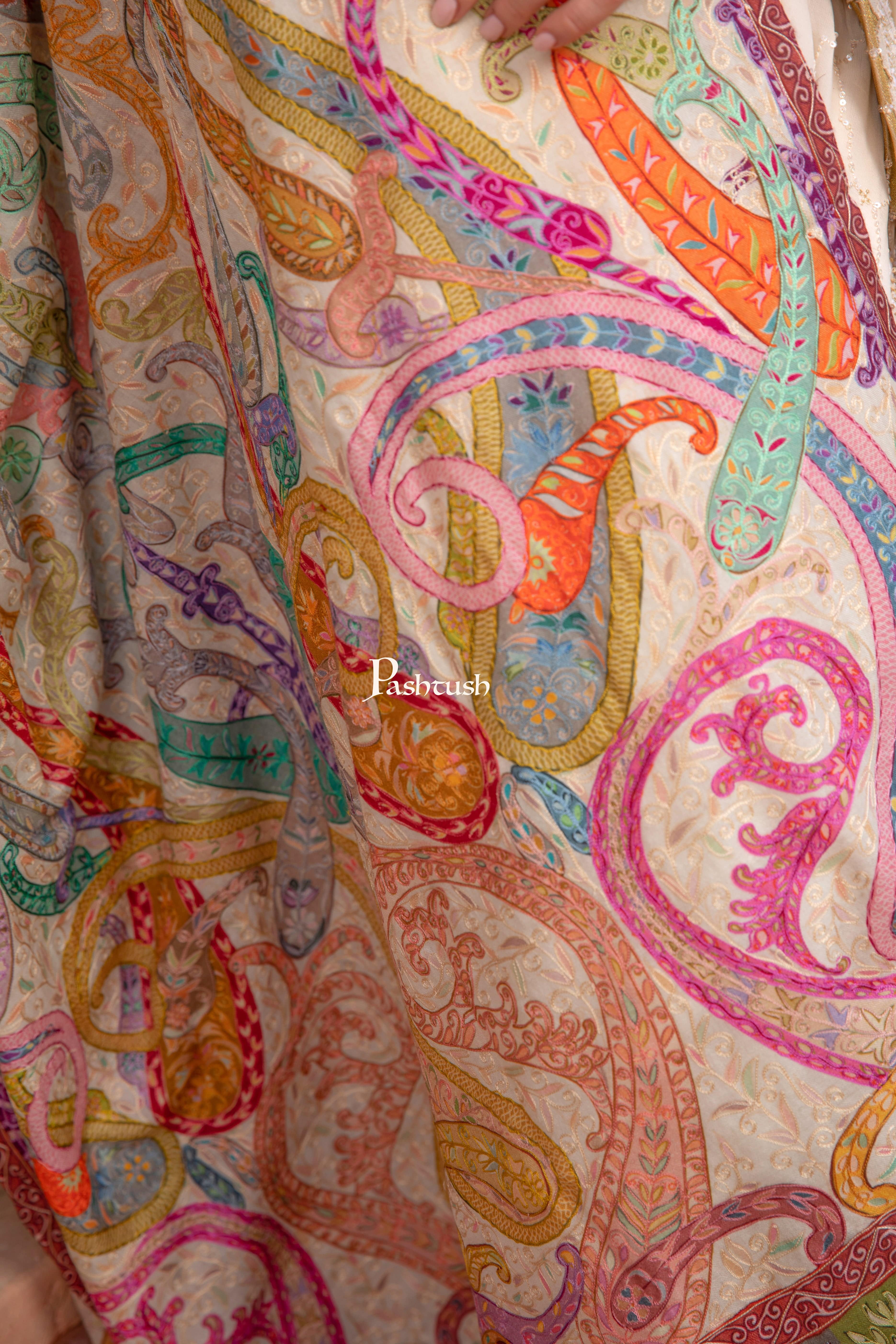 Pashtush Womens Kalamkari Shawl with Hand Embroidered Outline Work, Fine Wool, Shades of Bloom - Image 2
