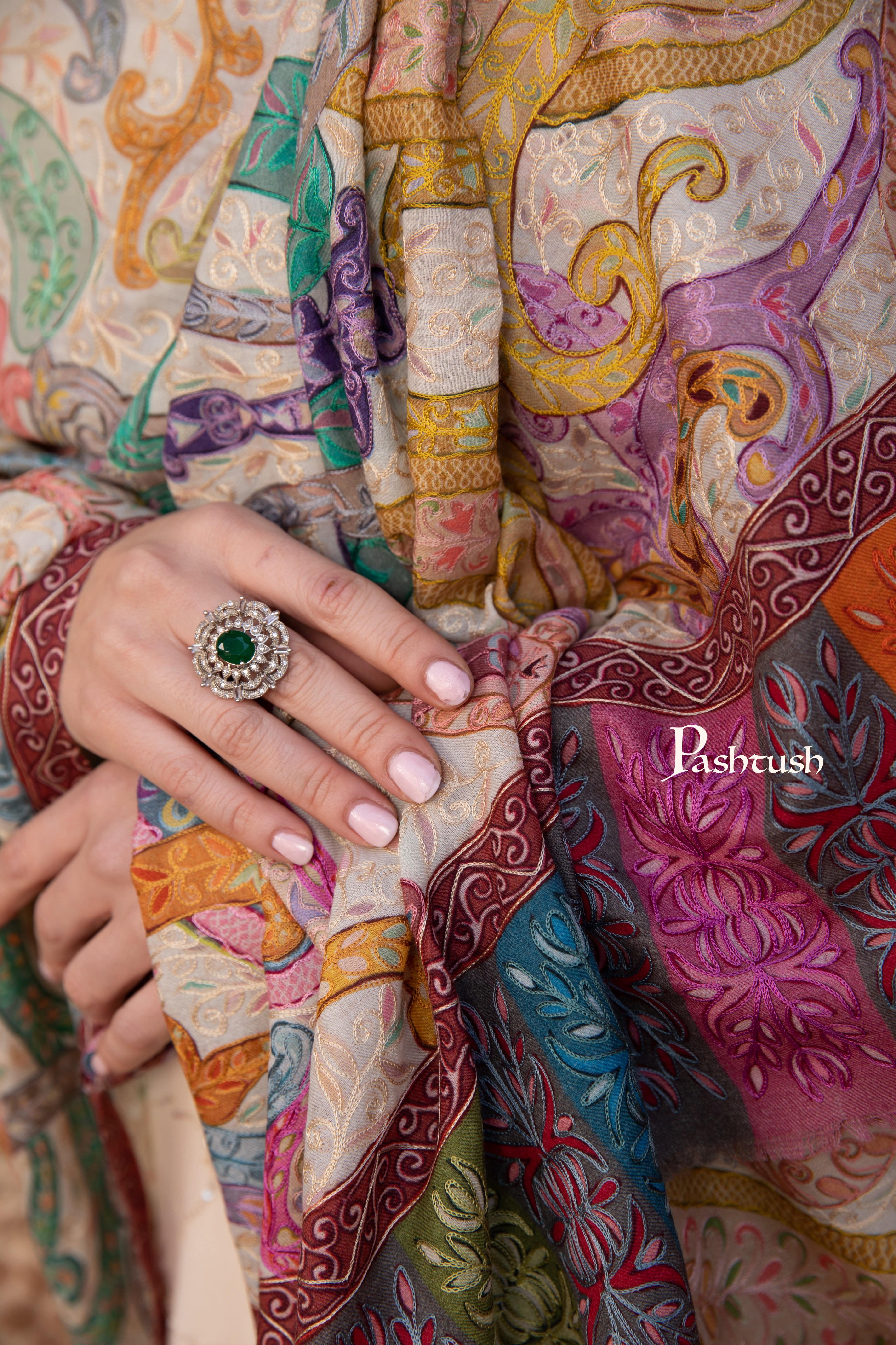 Pashtush Womens Kalamkari Shawl with Hand Embroidered Outline Work, Fine Wool, Shades of Bloom - Image 3