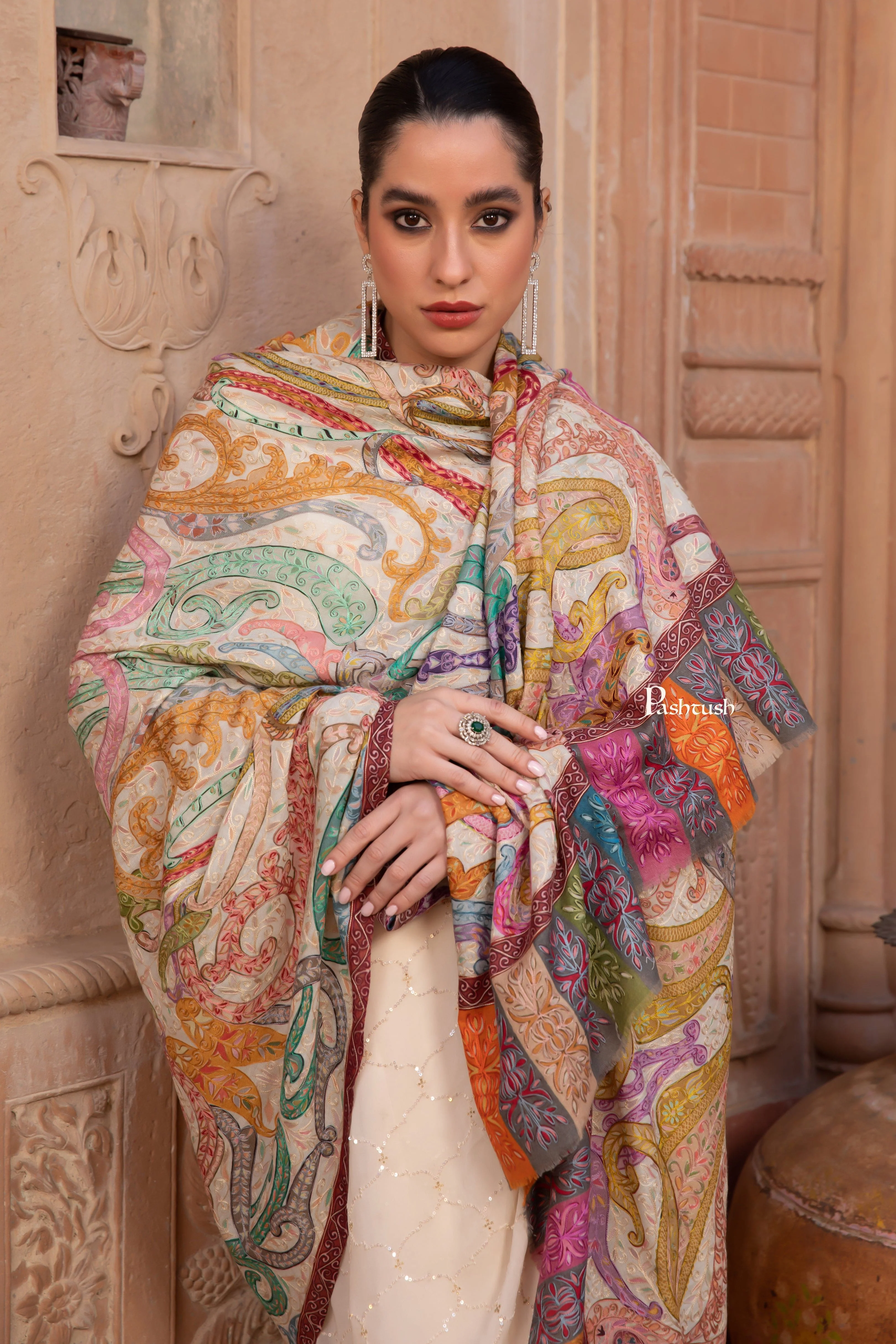 Pashtush Womens Kalamkari Shawl with Hand Embroidered Outline Work, Fine Wool, Shades of Bloom - Image 4