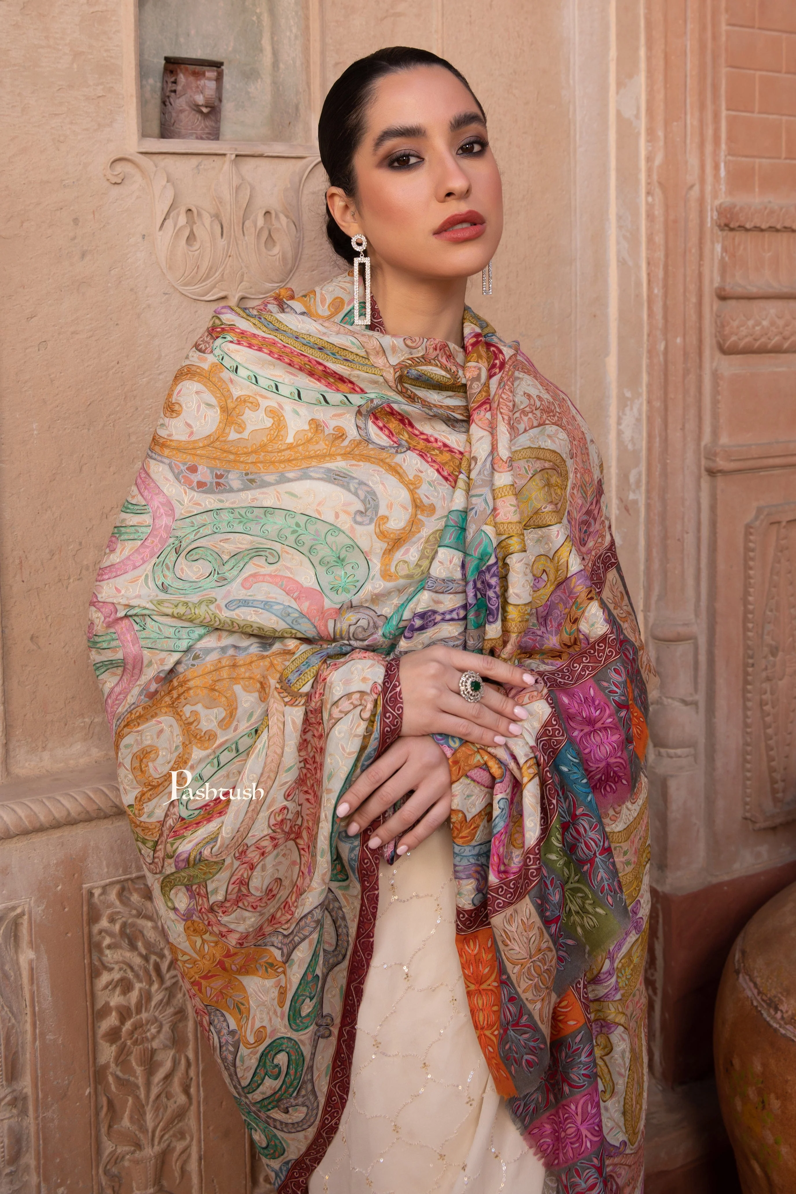 Pashtush Womens Kalamkari Shawl with Hand Embroidered Outline Work, Fine Wool, Shades of Bloom - Image 5