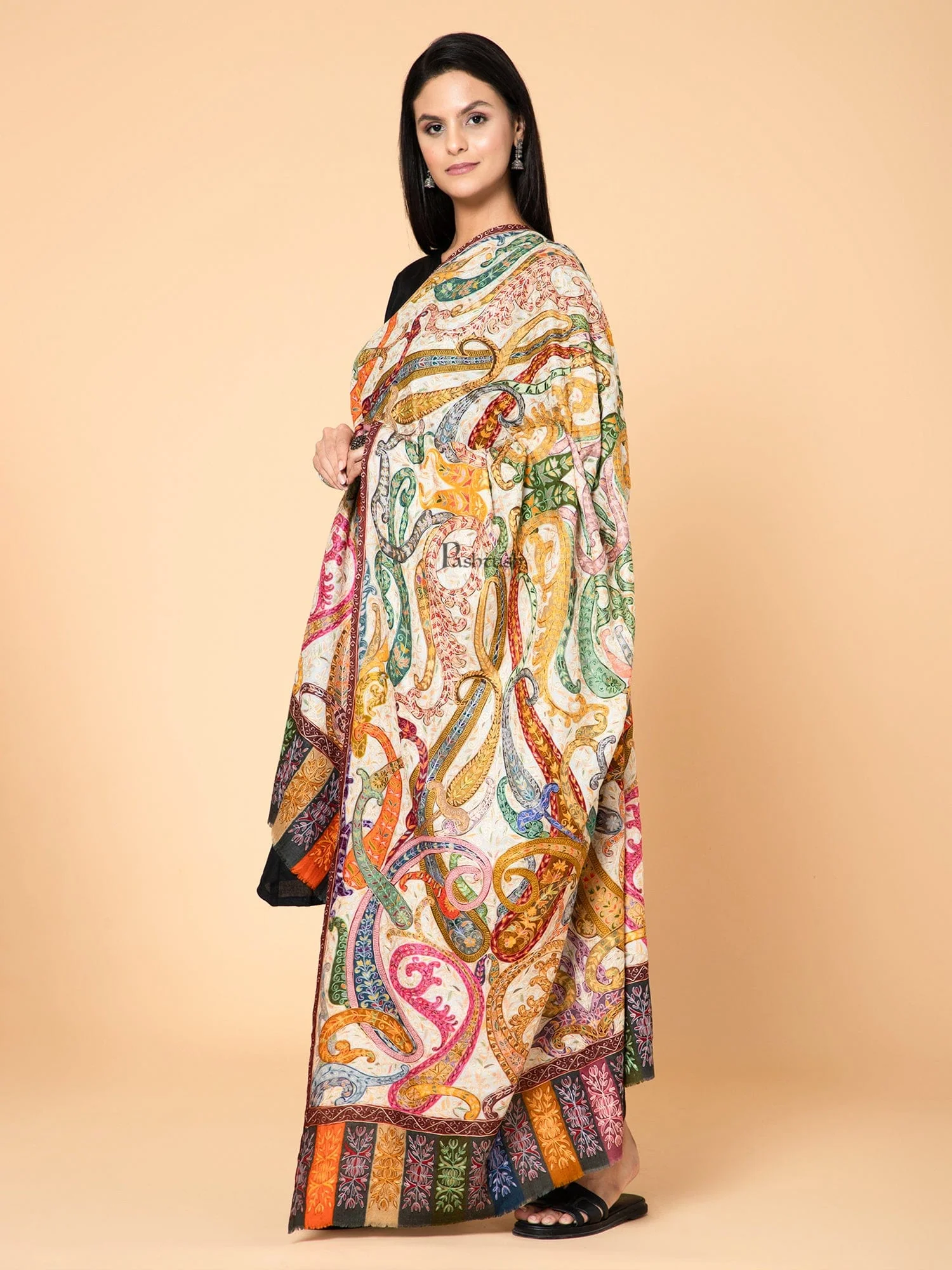 Pashtush Womens Kalamkari Shawl with Hand Embroidered Outline Work, Fine Wool, Shades of Bloom