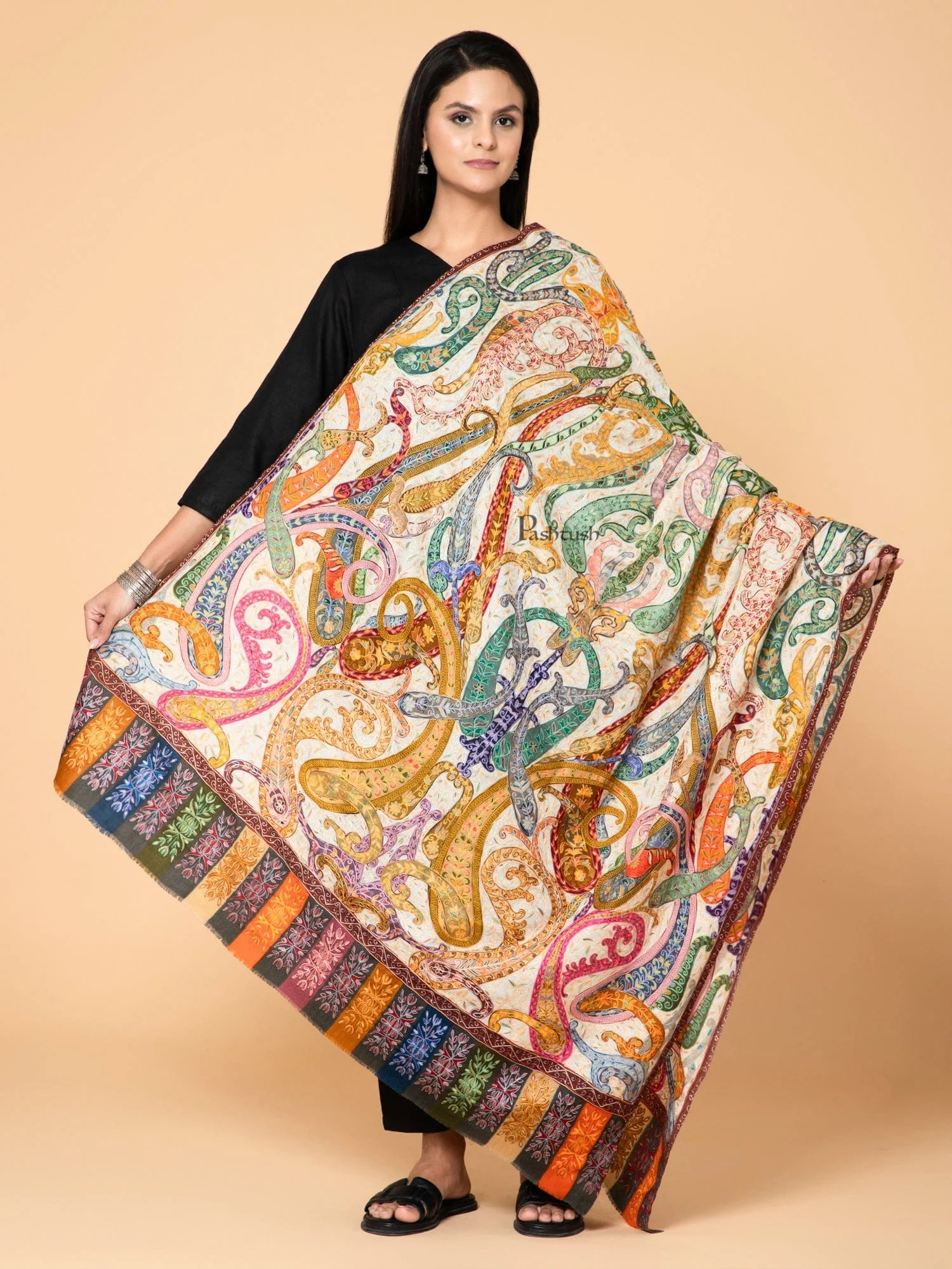 Pashtush Womens Kalamkari Shawl with Hand Embroidered Outline Work, Fine Wool, Shades of Bloom - Image 3