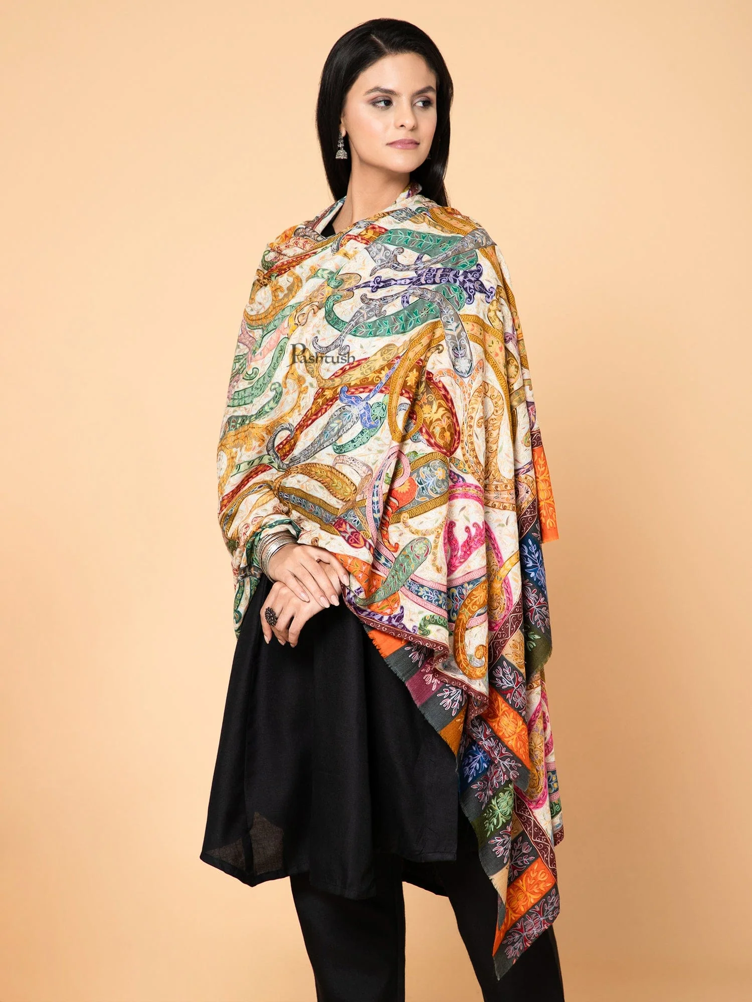 Pashtush Womens Kalamkari Shawl with Hand Embroidered Outline Work, Fine Wool, Shades of Bloom - Image 5