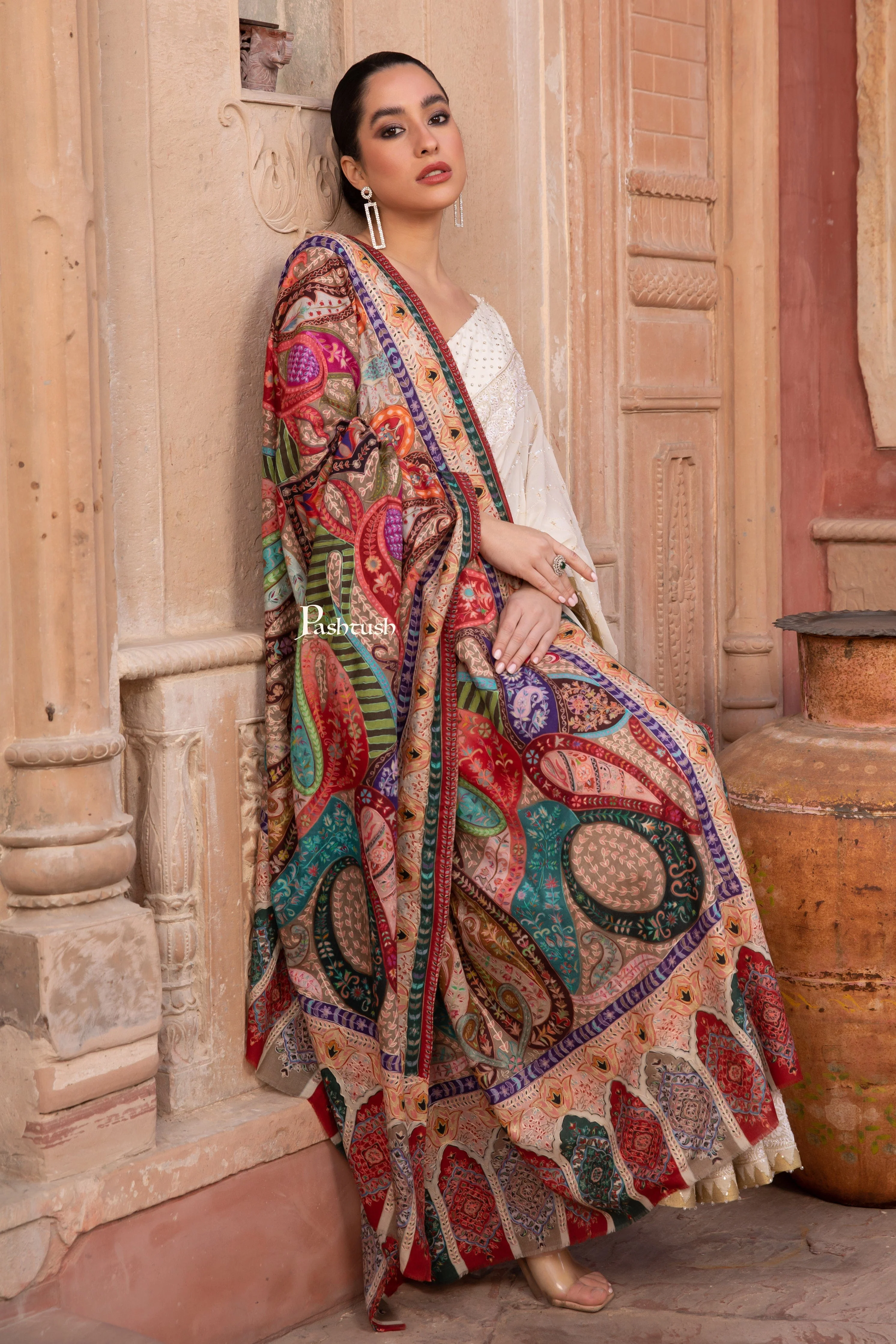 Pashtush Womens Kalamkari Shawl with Hand Embroidered Outline Work, Fine Wool, Vibrance - Image 5