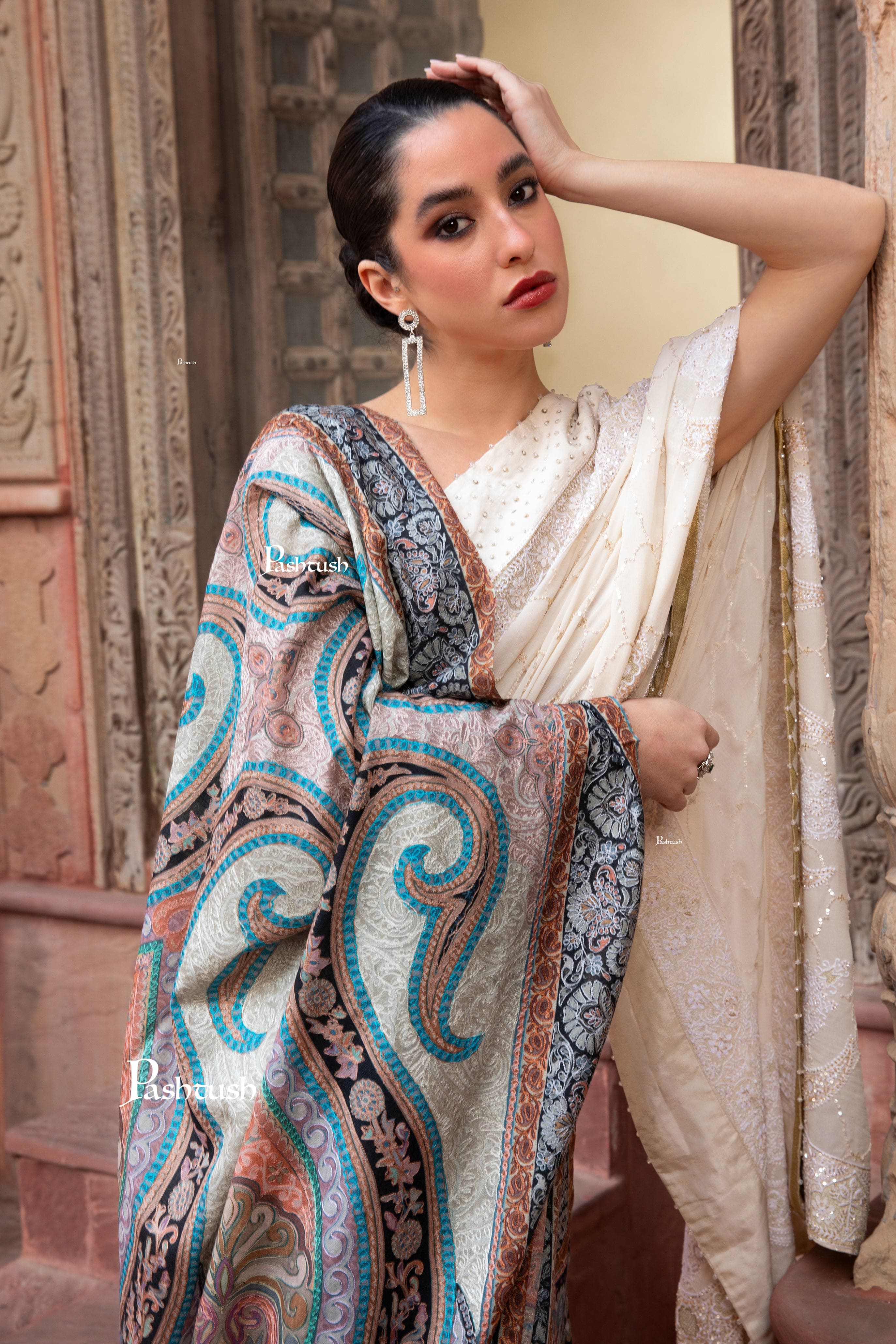 Pashtush Womens Kalamkari Shawl with Hand Embroidered Outline Work, Soft Fine Wool