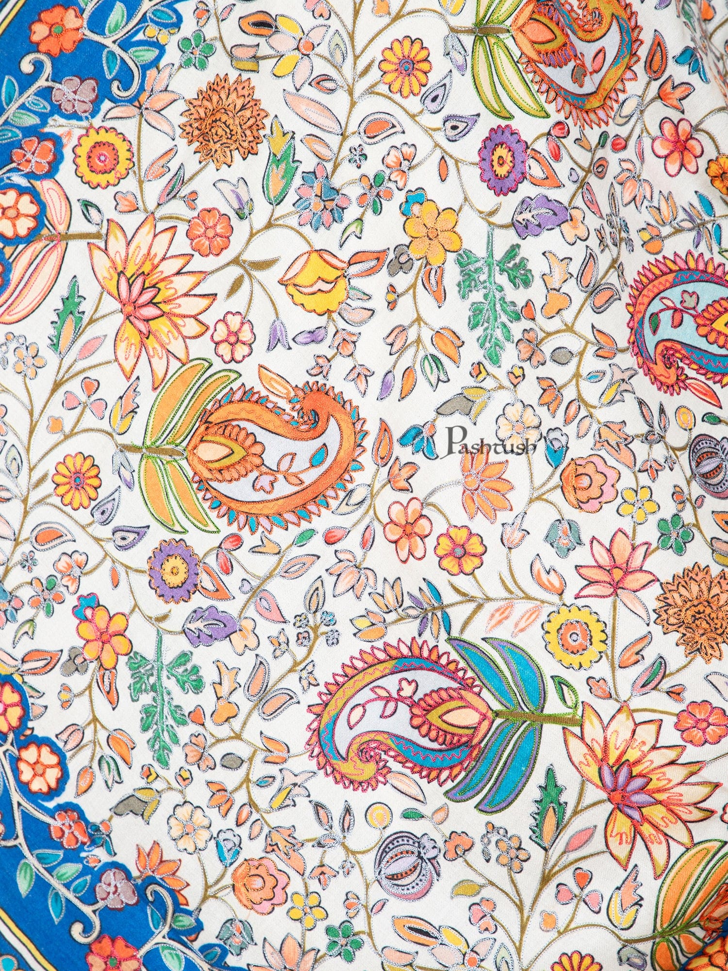 Pashtush Womens Kalamkari Stole, Outline Hand Embroidery, Blue and Ivory, Seasons of Bloom - Image 3