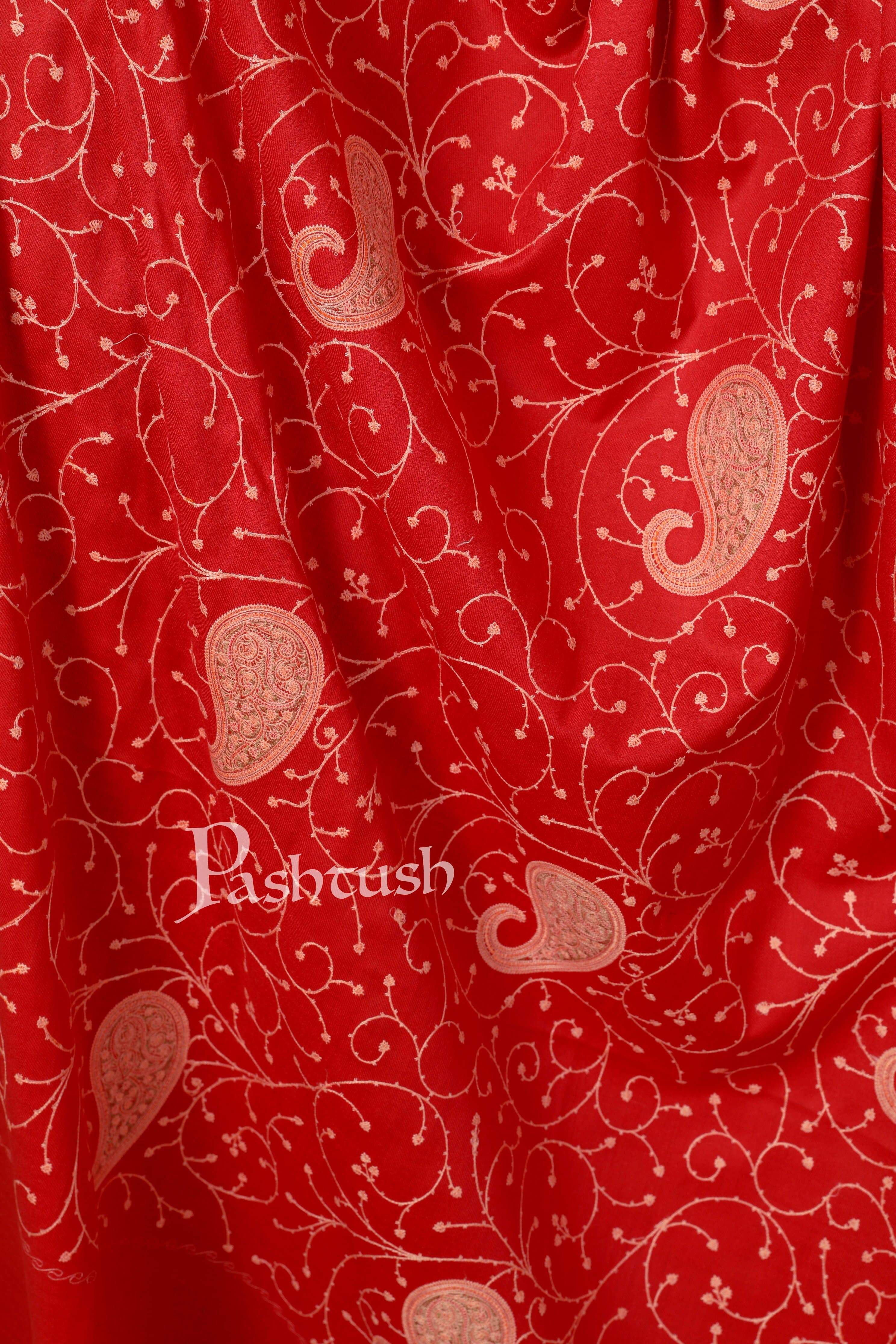 Pashtush Womens Embroidery Jaal, Fine Wool, Scarlet Red - Image 2