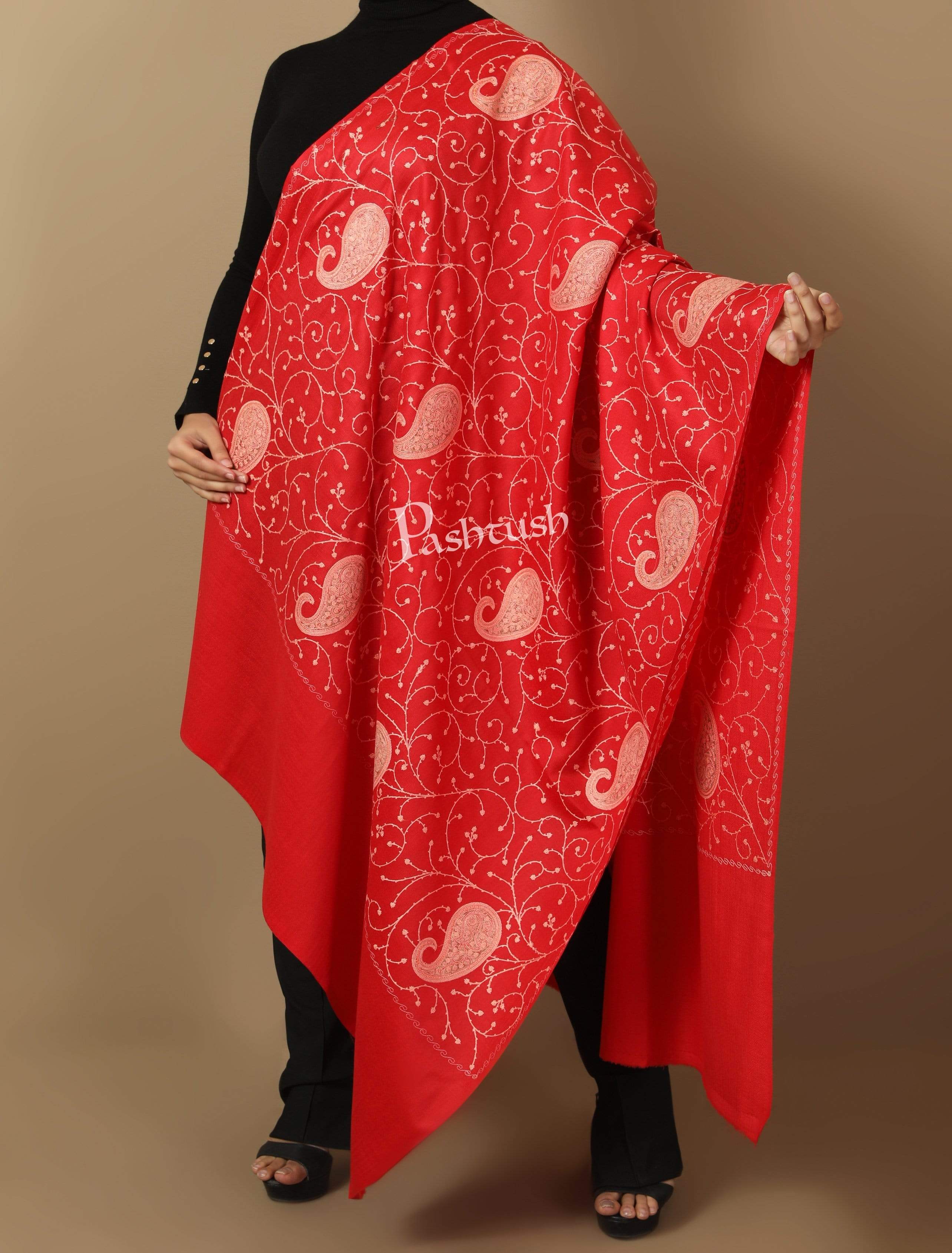 Pashtush Womens Embroidery Jaal, Fine Wool, Scarlet Red - Image 5