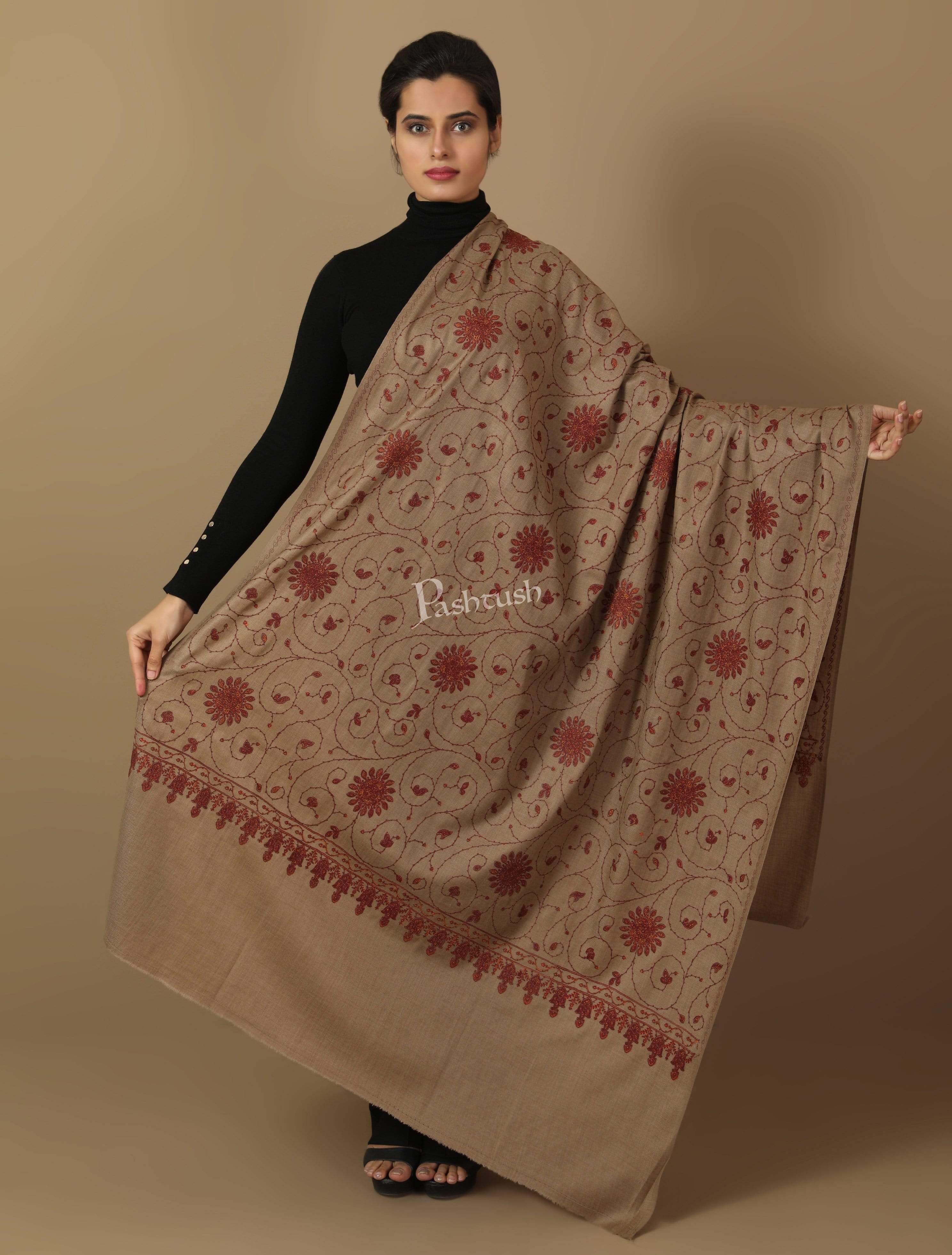 Pashtush Womens Embroidery Jaal, Fine Wool, Taupe