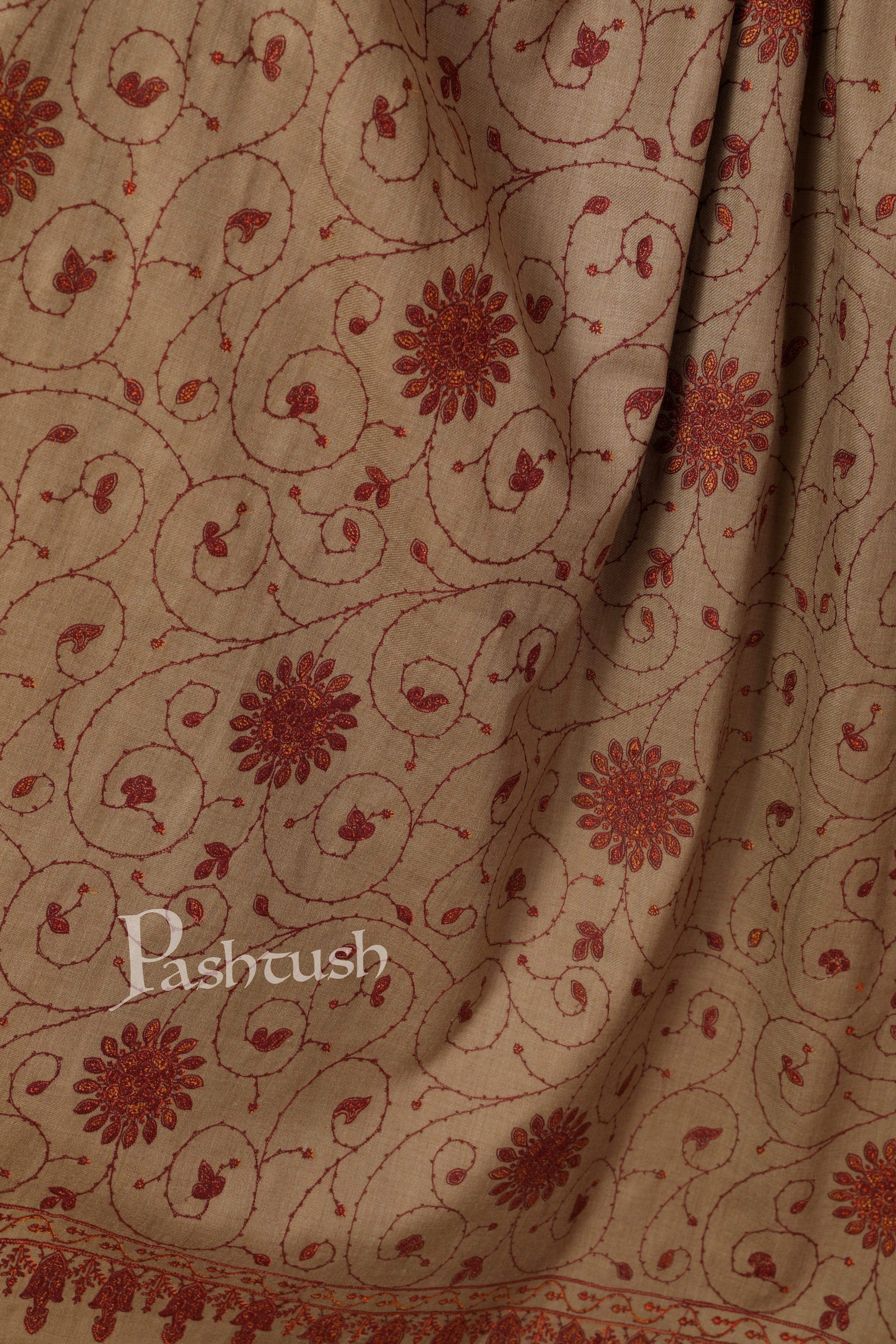 Pashtush Womens Embroidery Jaal, Fine Wool, Taupe - Image 2
