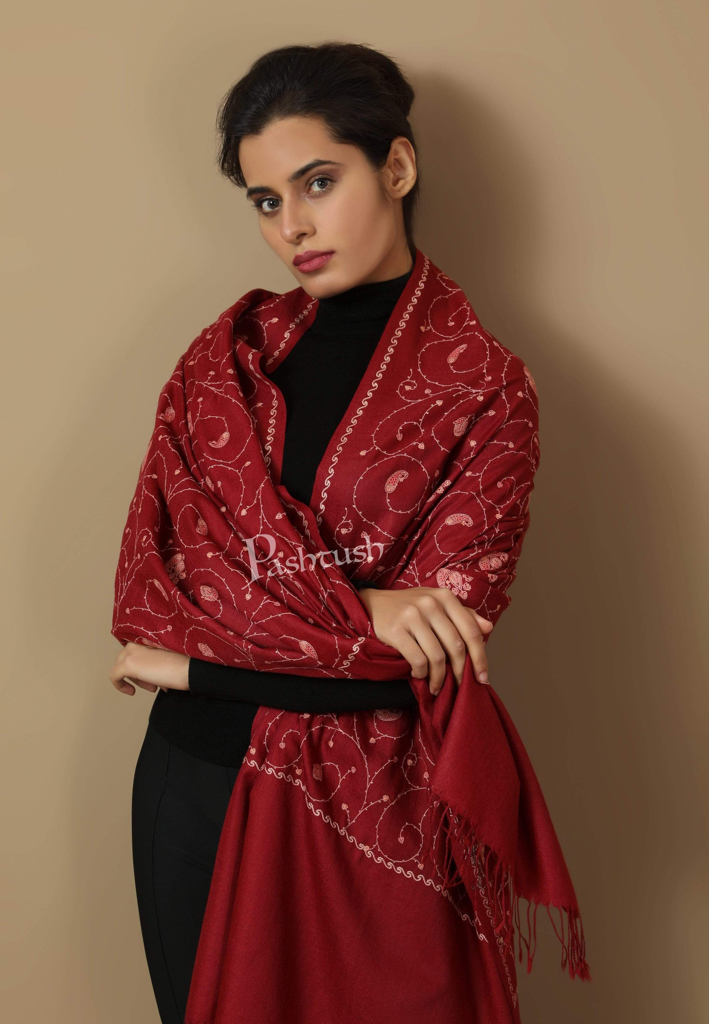 Pashtush Womens Embroidery Jaal Stole, Fine Wool, Maroon - Image 5