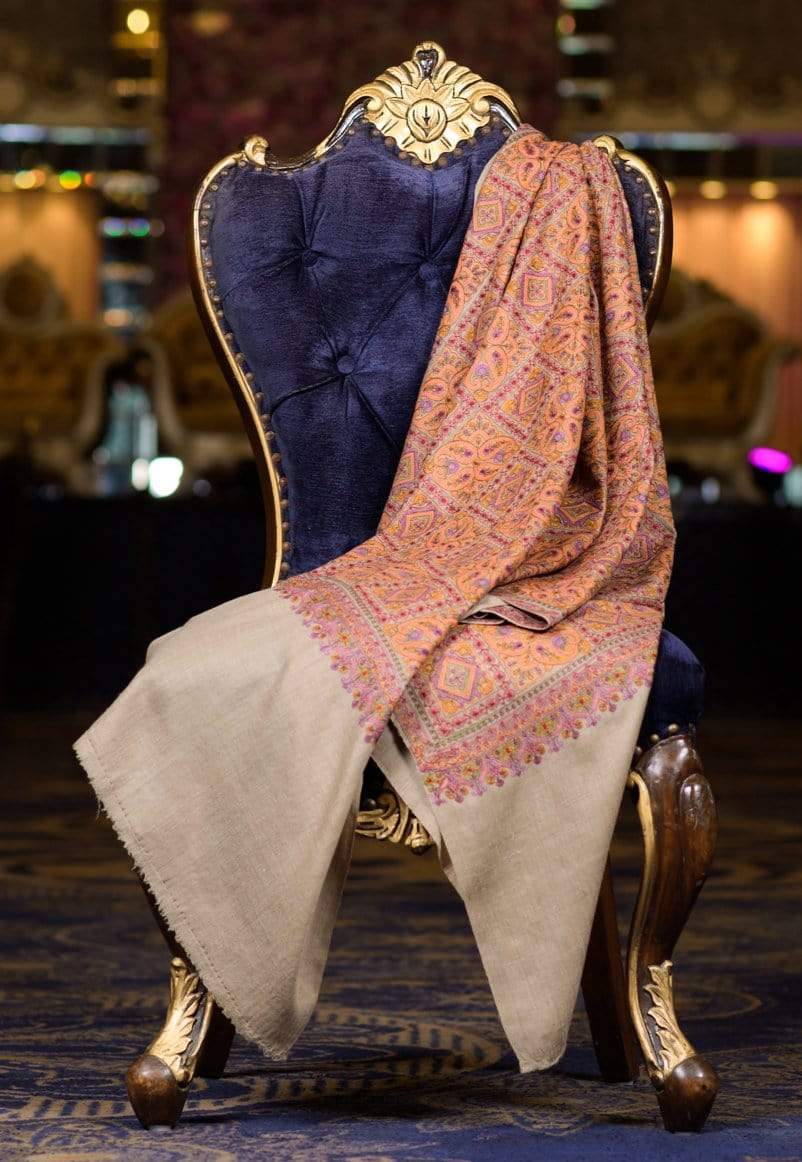 Pashtush Womens Embroidery Shawl, Fine Wool, Intricate Needlework, Taupe