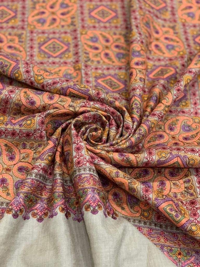 Pashtush Womens Embroidery Shawl, Fine Wool, Intricate Needlework, Taupe - Image 5