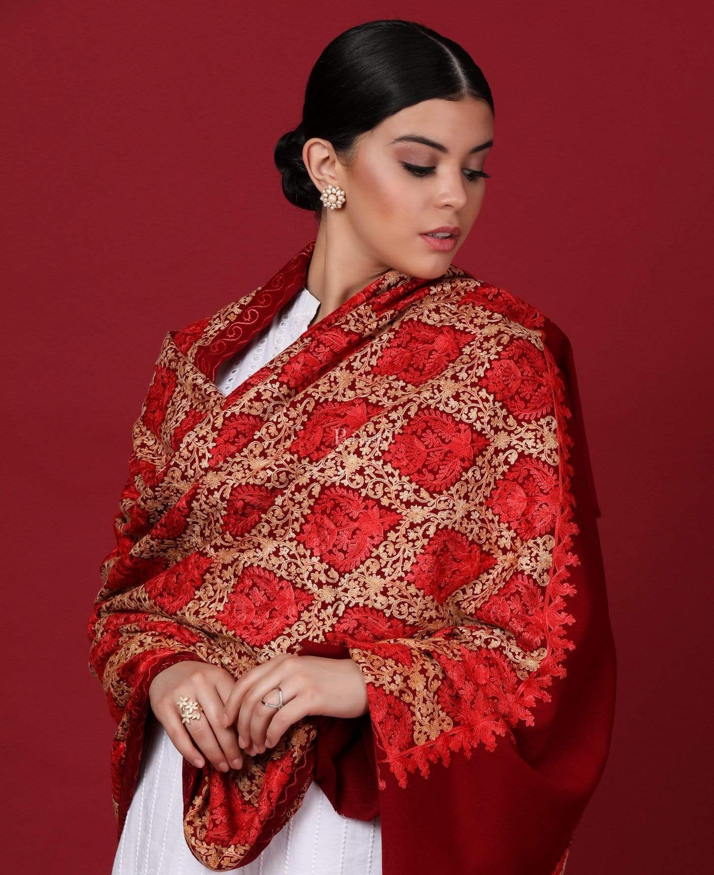 Pashtush Womens Embroidery Shawl, Aari Embroidery, Maroon - Image 4