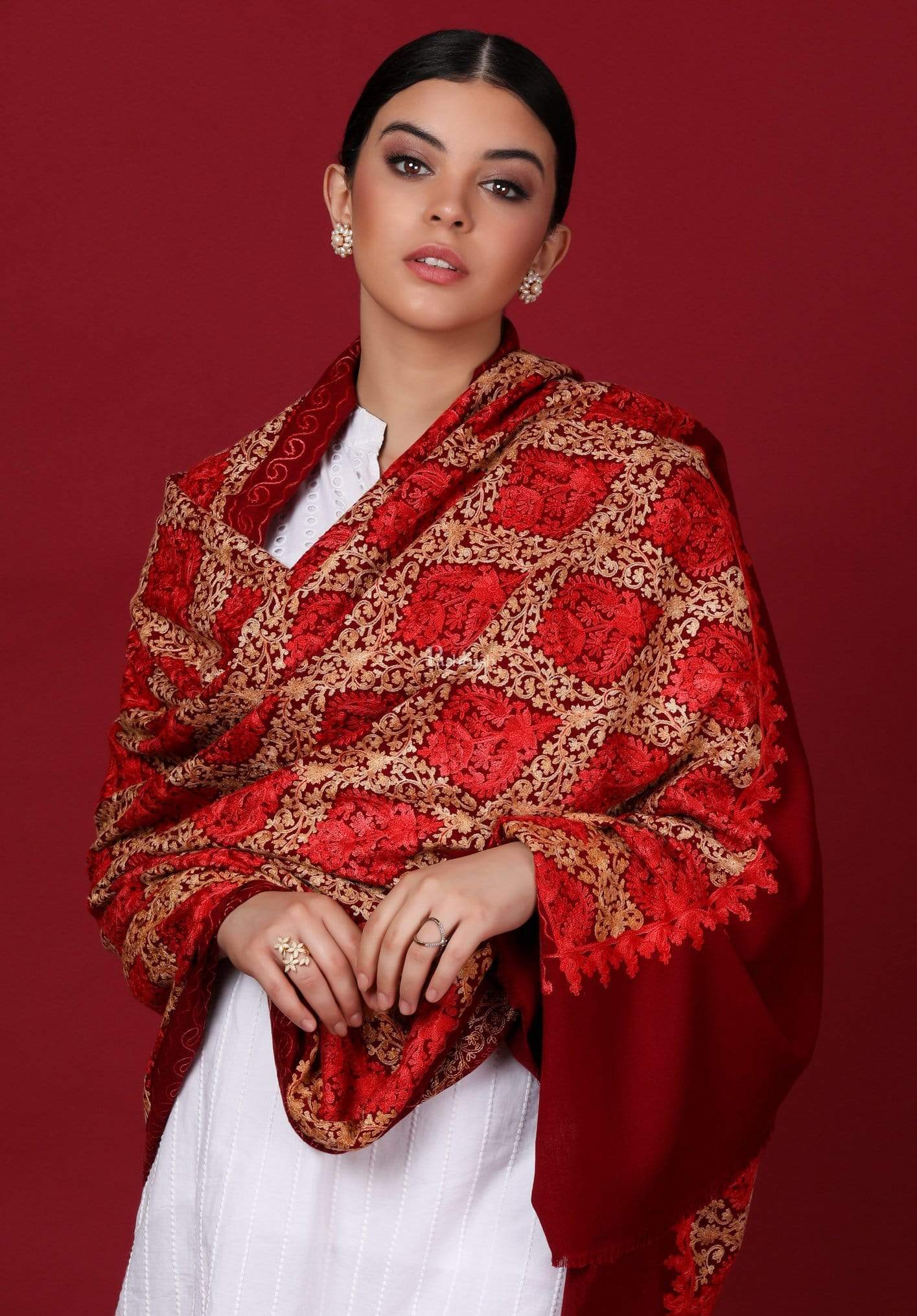 Pashtush Womens Embroidery Shawl, Aari Embroidery, Maroon - Image 5