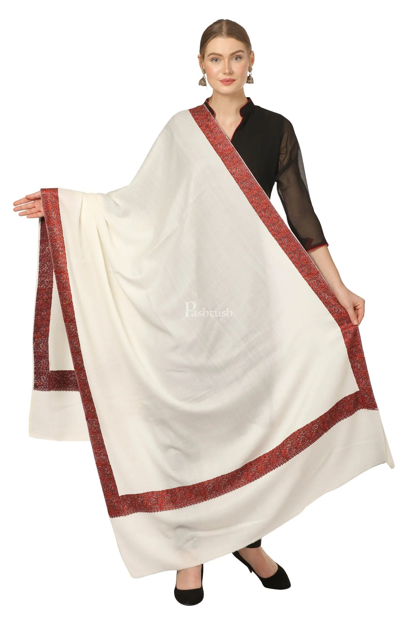 Pashtush Womens Hand Embroidery Shawl, 100% Pure Wool Shawls, Ivory - Image 2