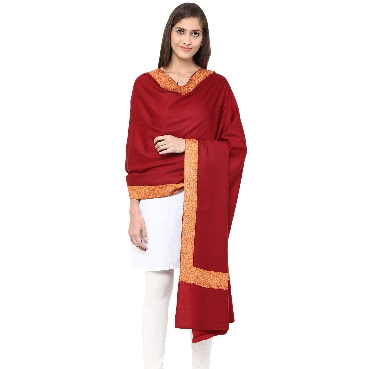 Pashtush Womens Hand Embroidery Shawl, 100% Pure Wool Shawls, Maroon