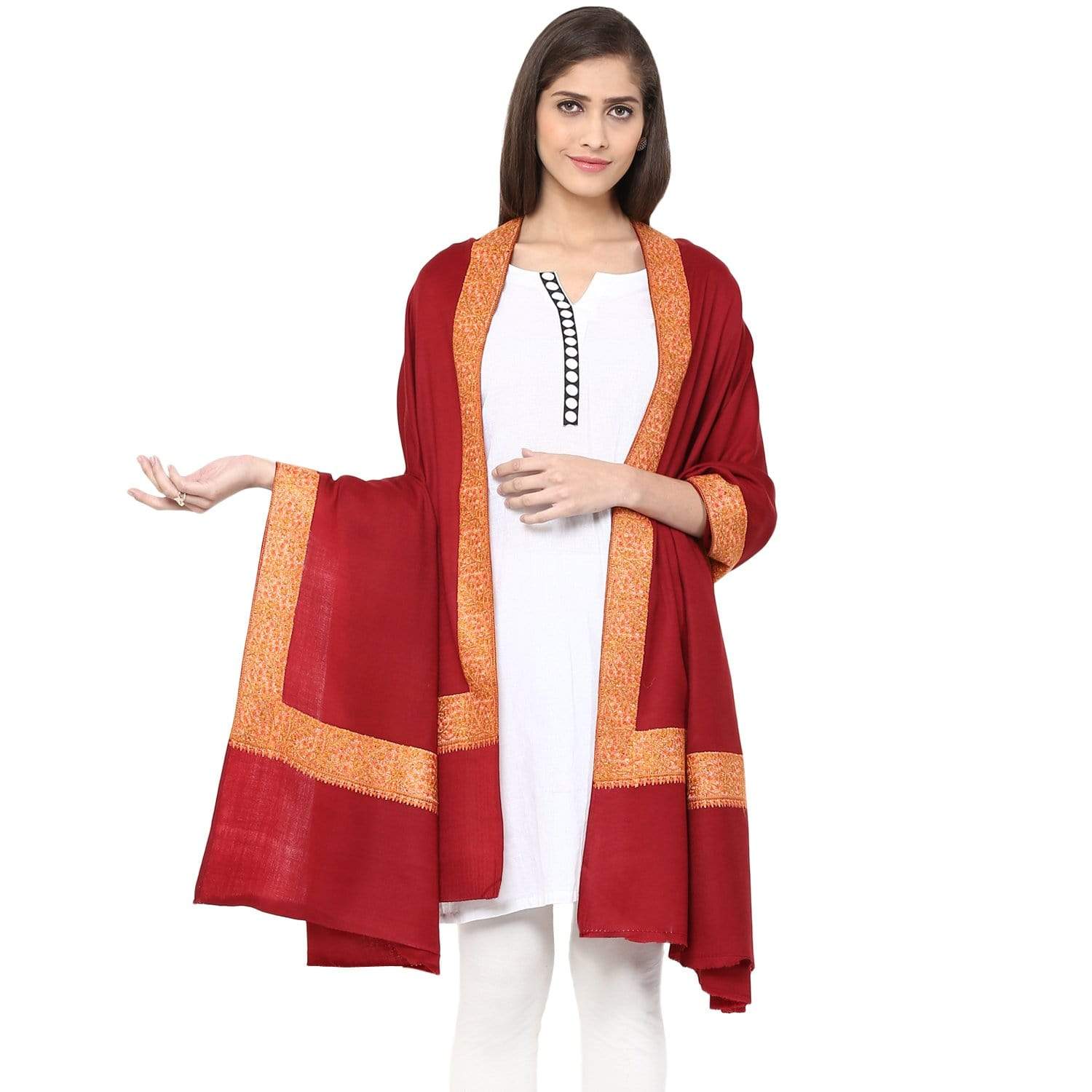 Pashtush Womens Hand Embroidery Shawl, 100% Pure Wool Shawls, Maroon - Image 3