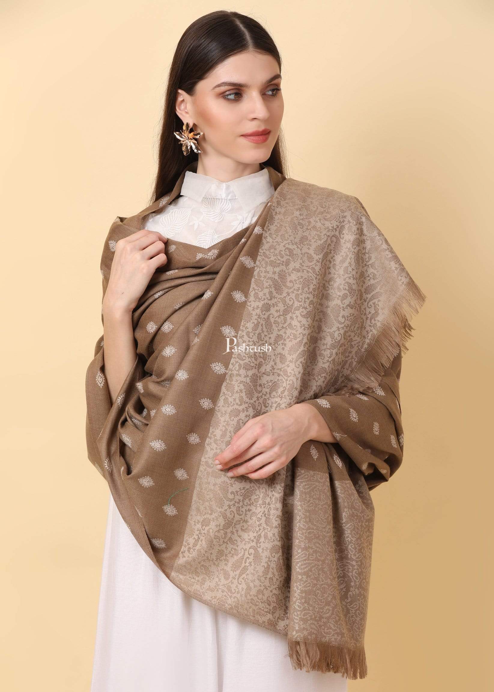 Pashtush Womens Embroidery Shawl, Light Weight And Warm, Beige