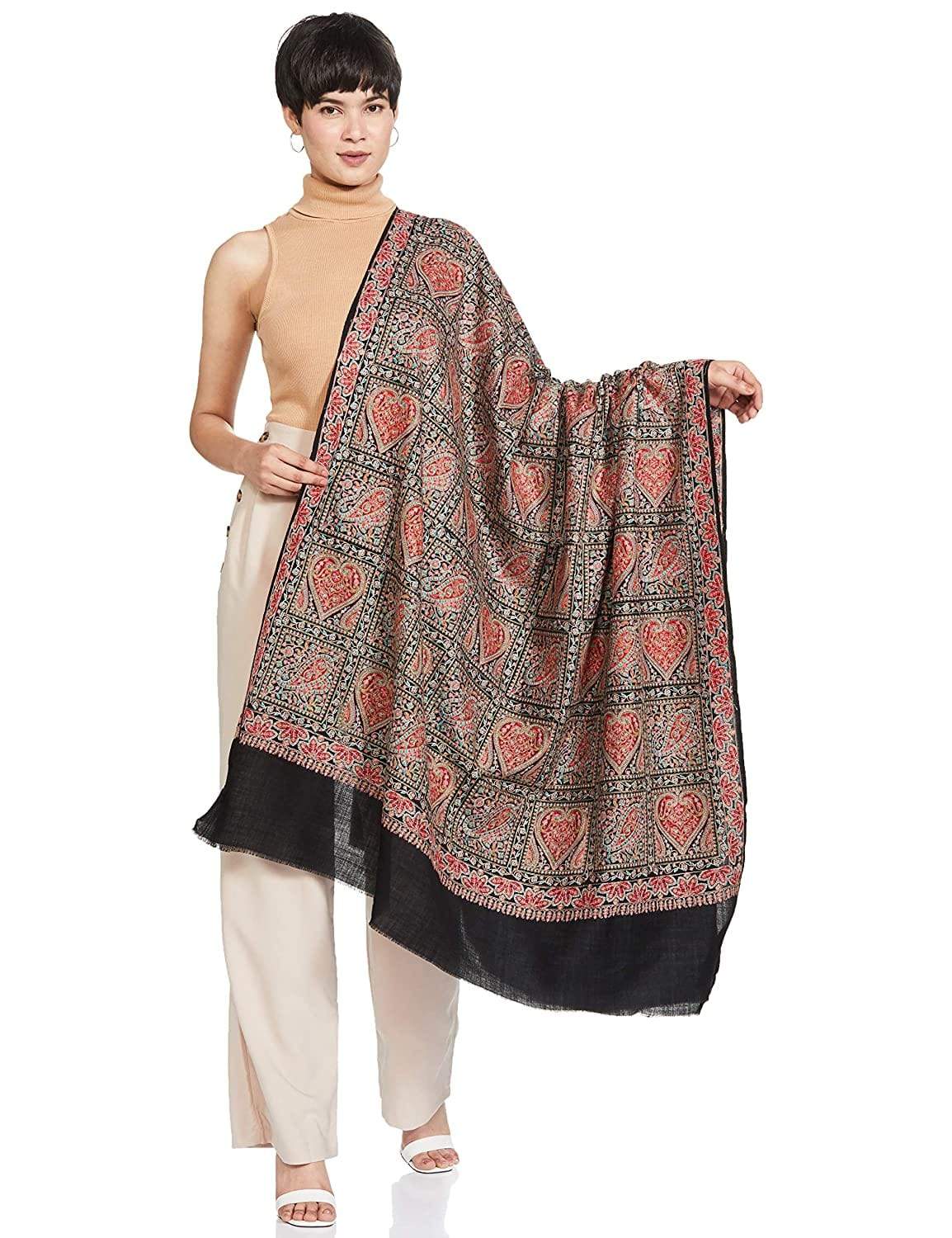 Pashtush Womens Embroidery Shawl, Fineembroidery, Intricate Needlework, Black