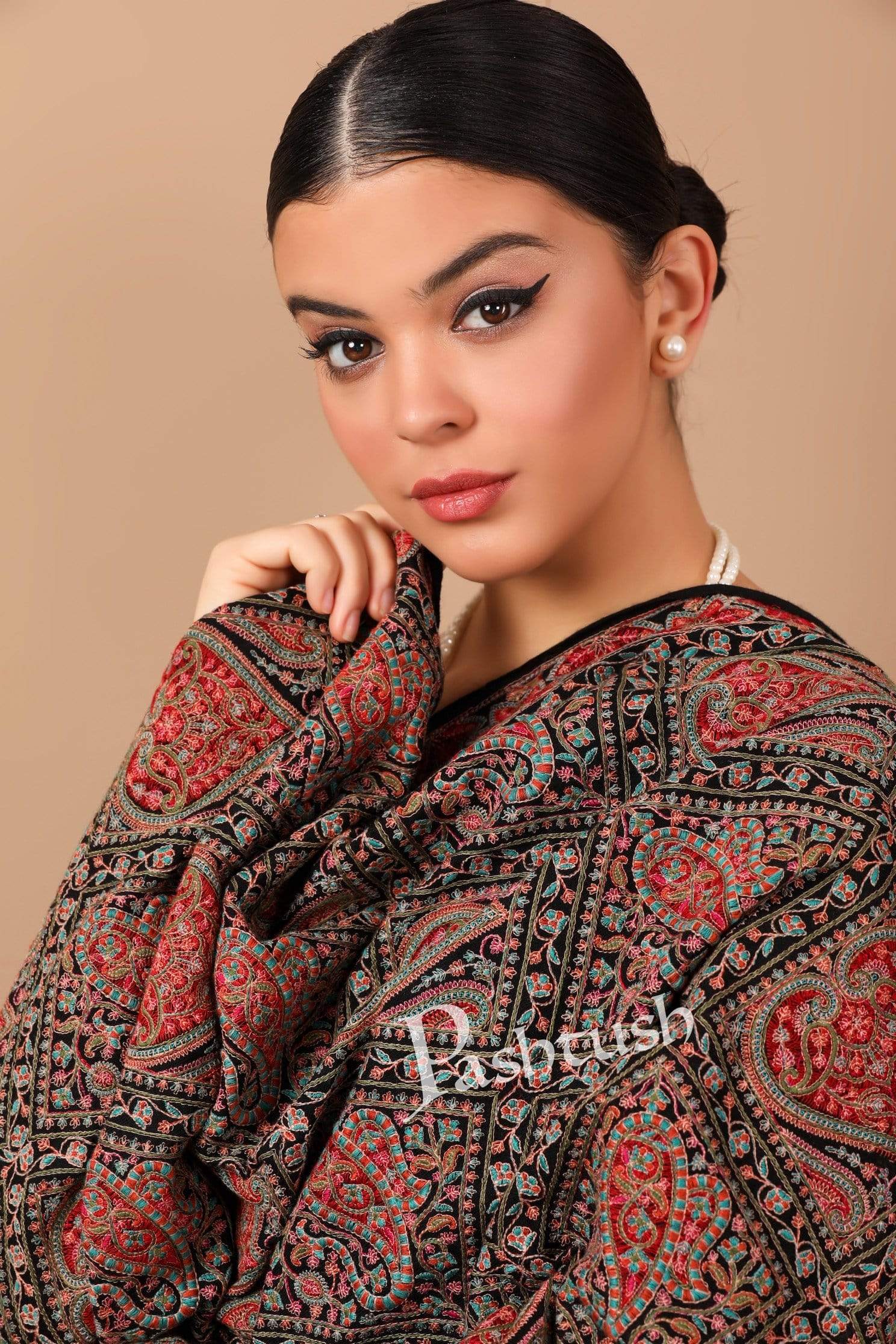Pashtush Womens Embroidery Shawl, Fineembroidery, Intricate Needlework, Black - Image 3