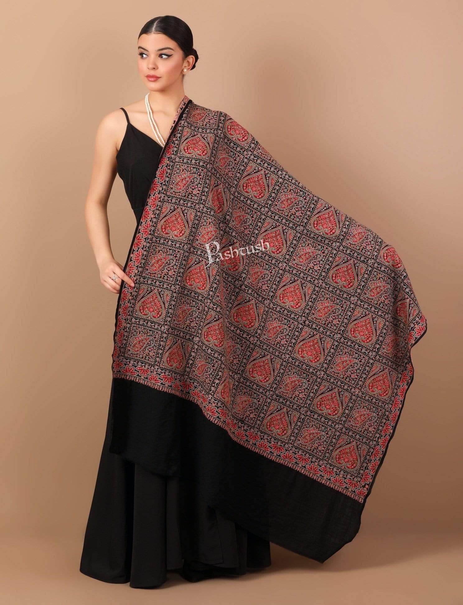 Pashtush Womens Embroidery Shawl, Fineembroidery, Intricate Needlework, Black - Image 4