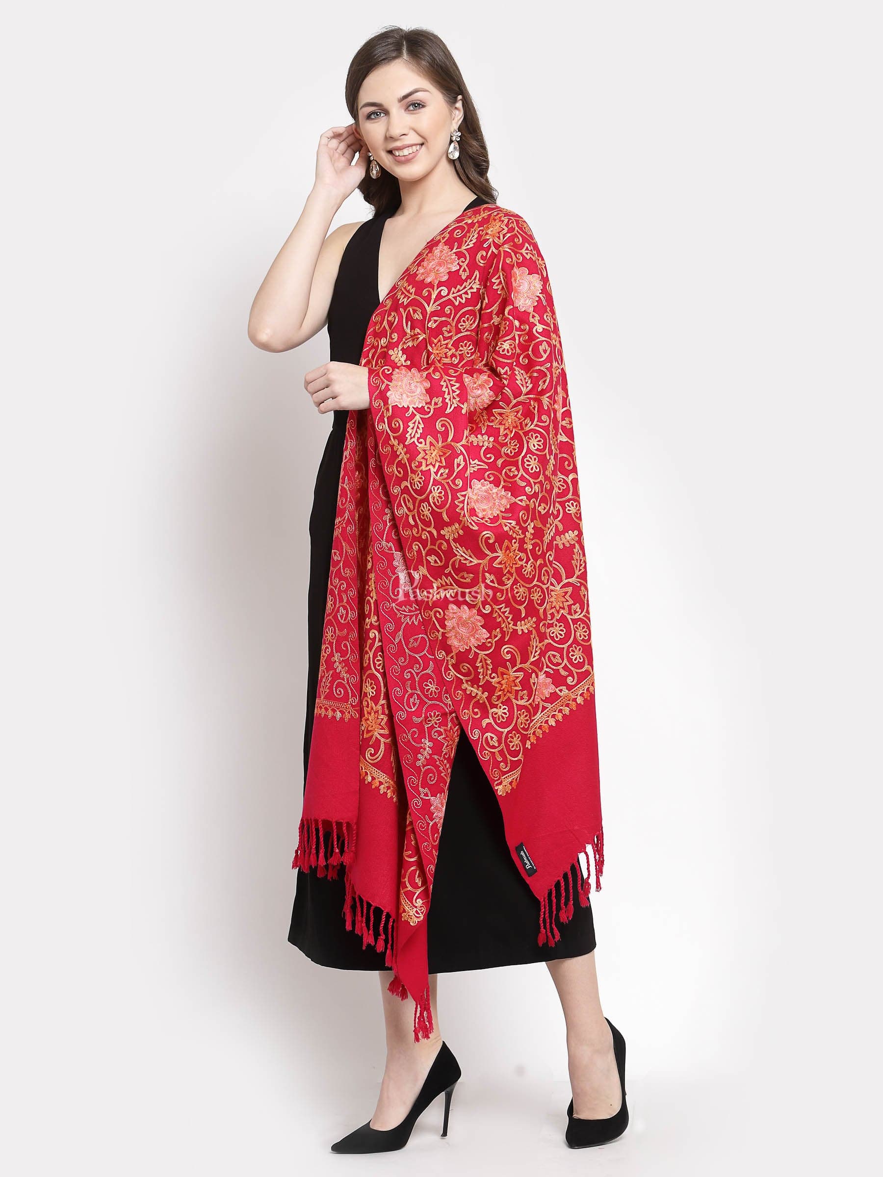 Pashtush Womens Embroidery Stole, Aari Work, Fine Wool, Red