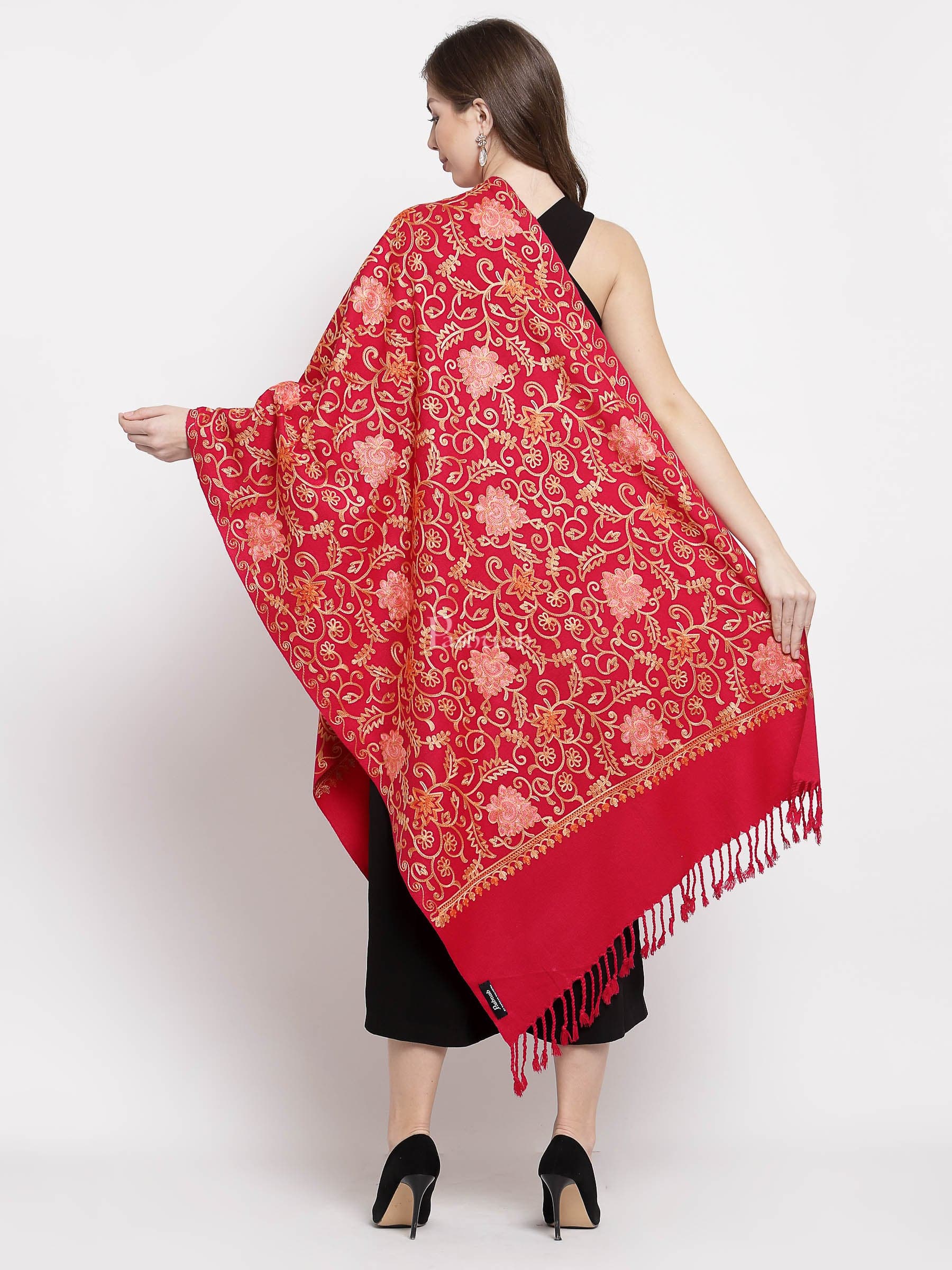 Pashtush Womens Embroidery Stole, Aari Work, Fine Wool, Red - Image 3