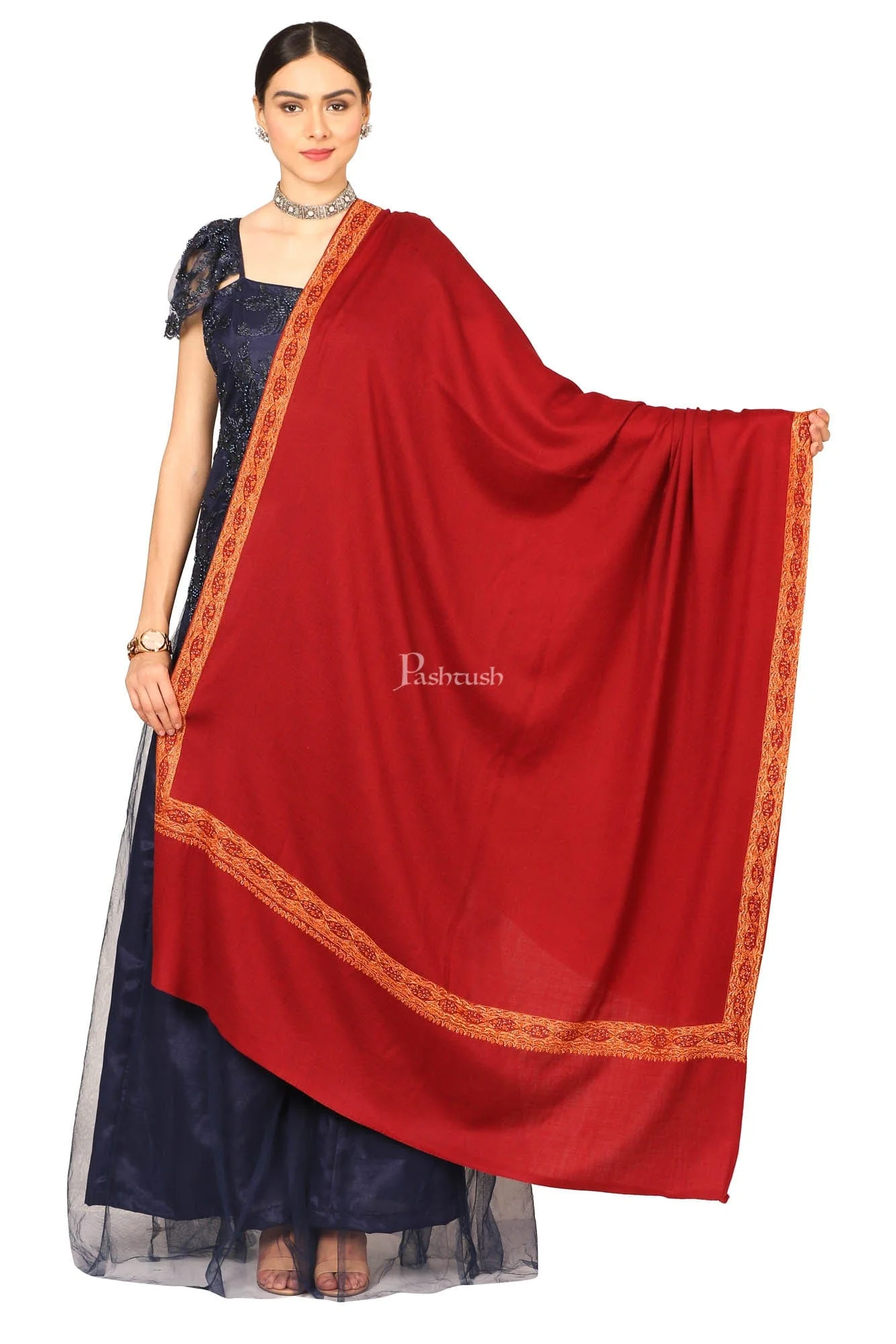 Pashtush Womens Hand Embroidery Shawl, Border Design With Fine Needlework, Pure Wool Shawls - Maroon - Image 2