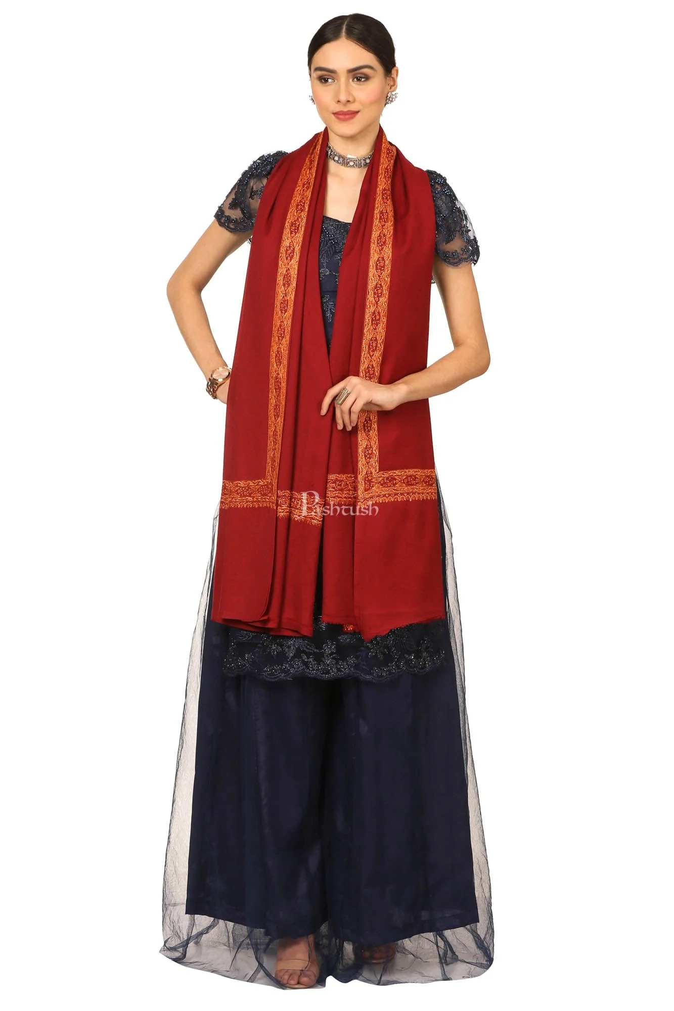 Pashtush Womens Hand Embroidery Shawl, Border Design With Fine Needlework, Pure Wool Shawls - Maroon - Image 4