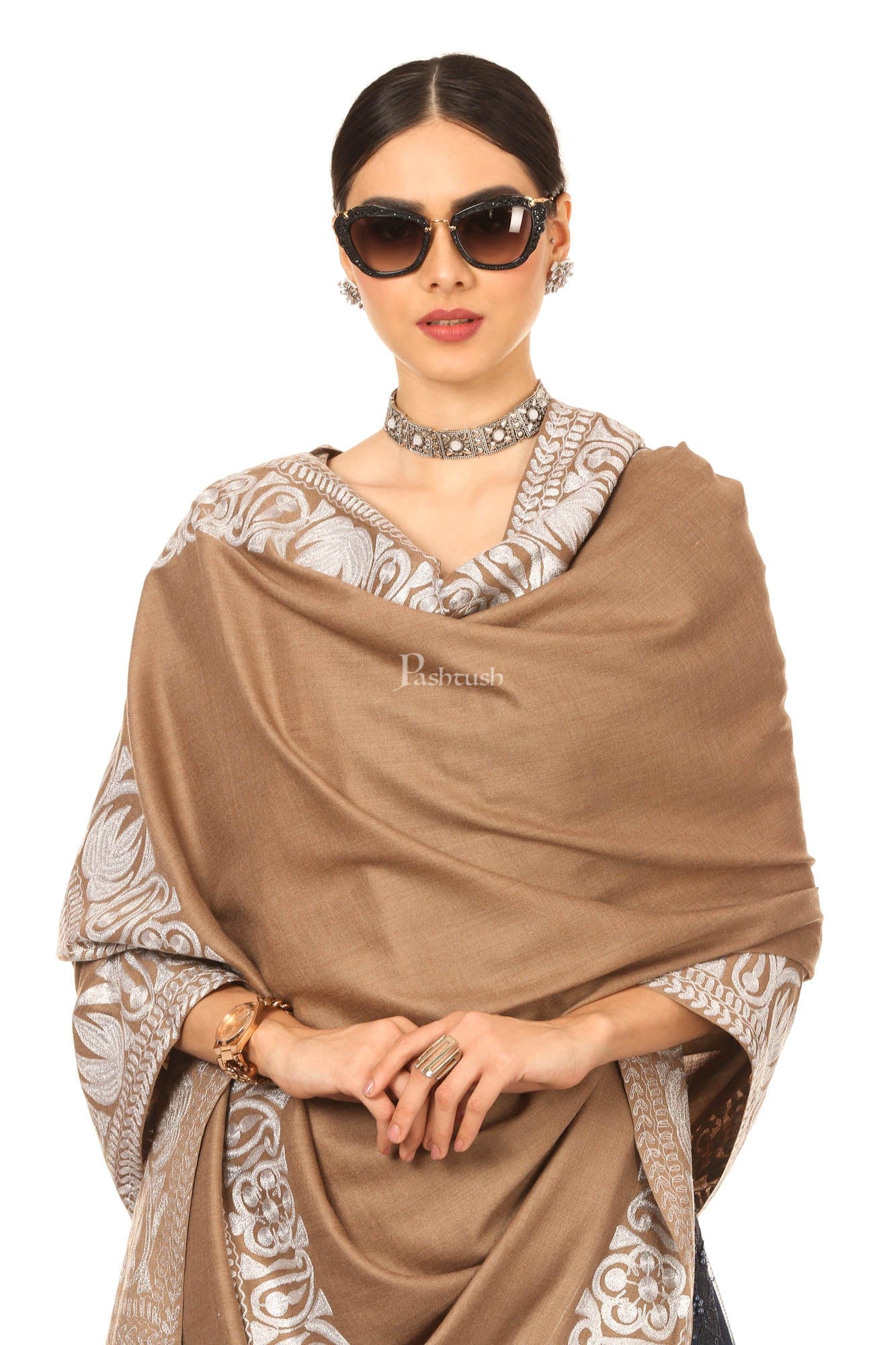 Pashtush Womens Hand Embroidery Shawl, Border Design With Tilla Zari Work - Beige