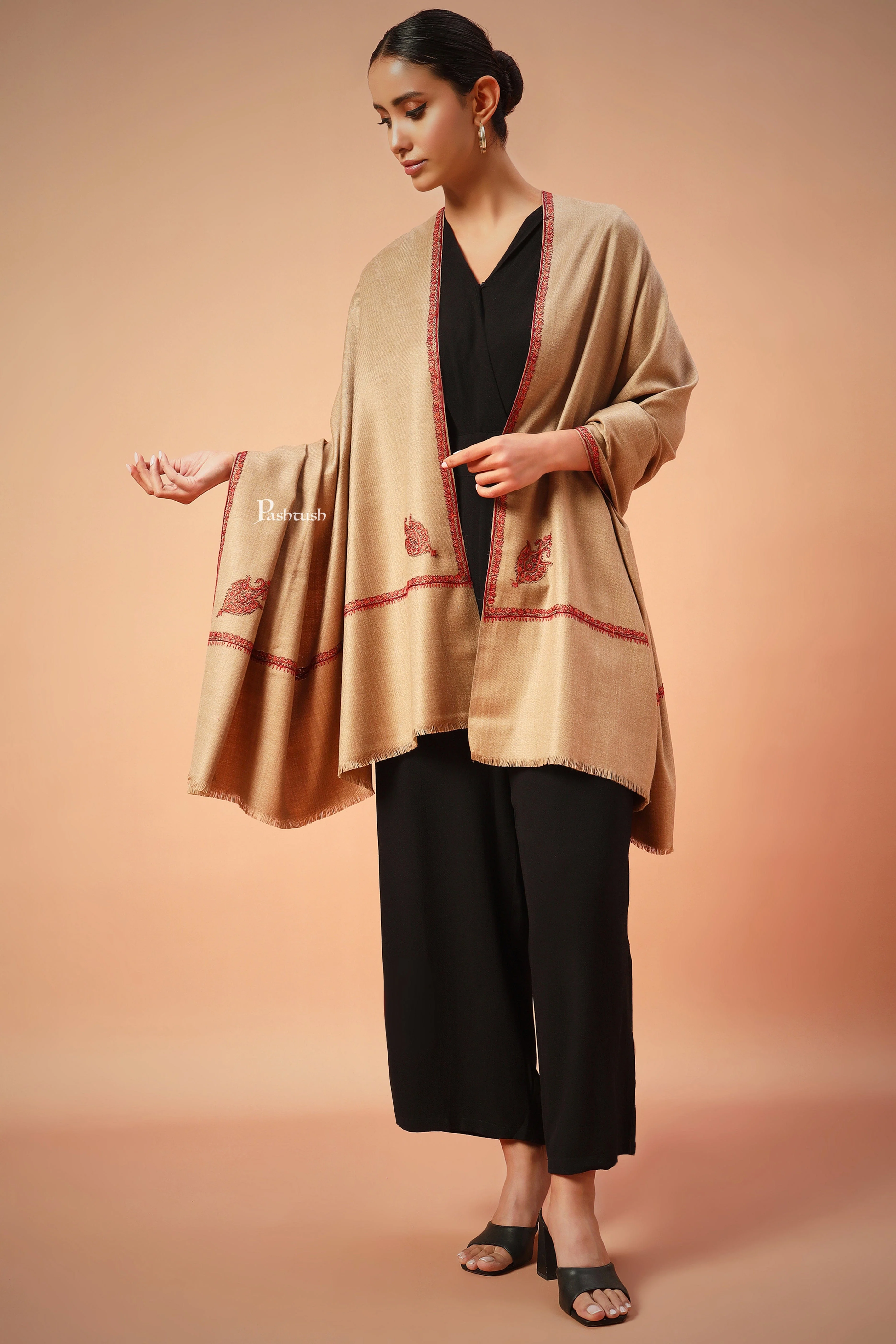 Pashtush Womens Kashmiri Hand Embroidery Shawl, Woollen, Kingri - Image 5
