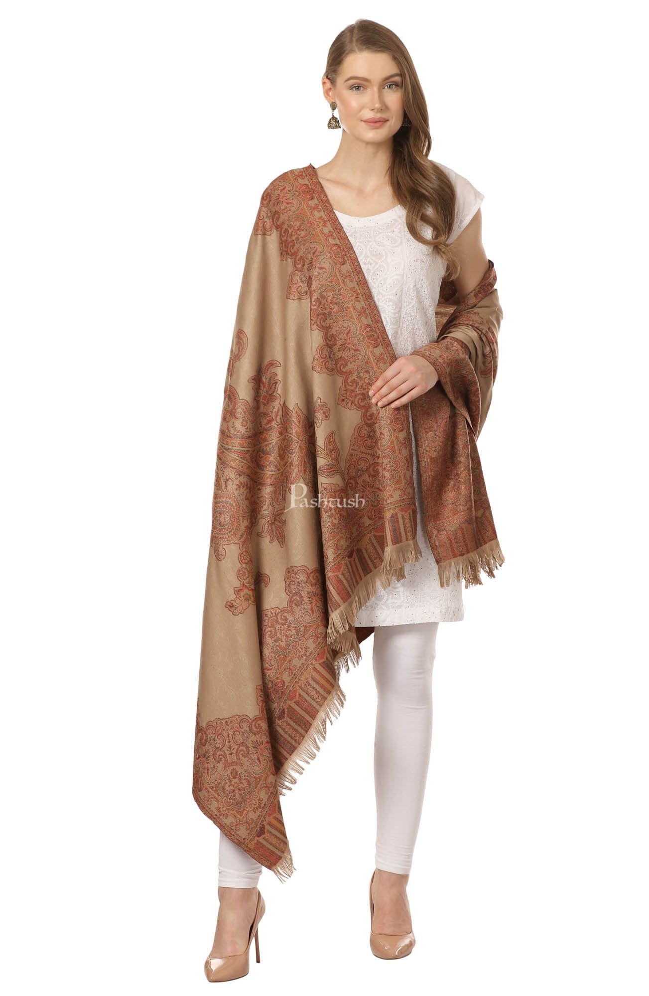 Pashtush Women'S Jacquard Ambi Shawl, Warm And Soft, Faux Pashmina - Beige - Image 3
