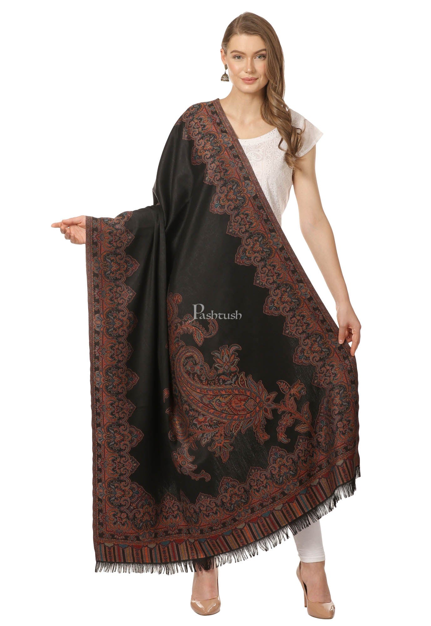 Pashtush Women'S Jacquard Ambi Shawl, Warm And Soft, Faux Pashmina - Black