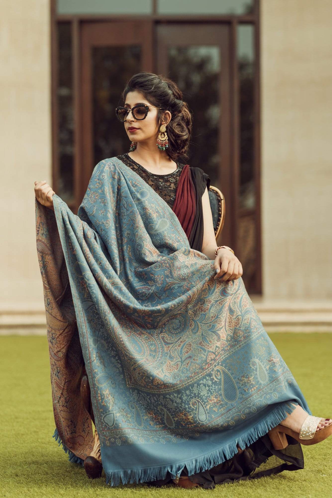 Pashtush Women'S Antique Jamawar Shawl, Arabic Blue - Image 3