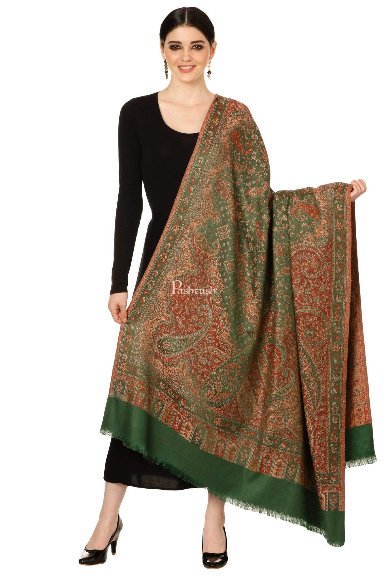 Pashtush Women'S Jamawar Shawl, Emerald Green