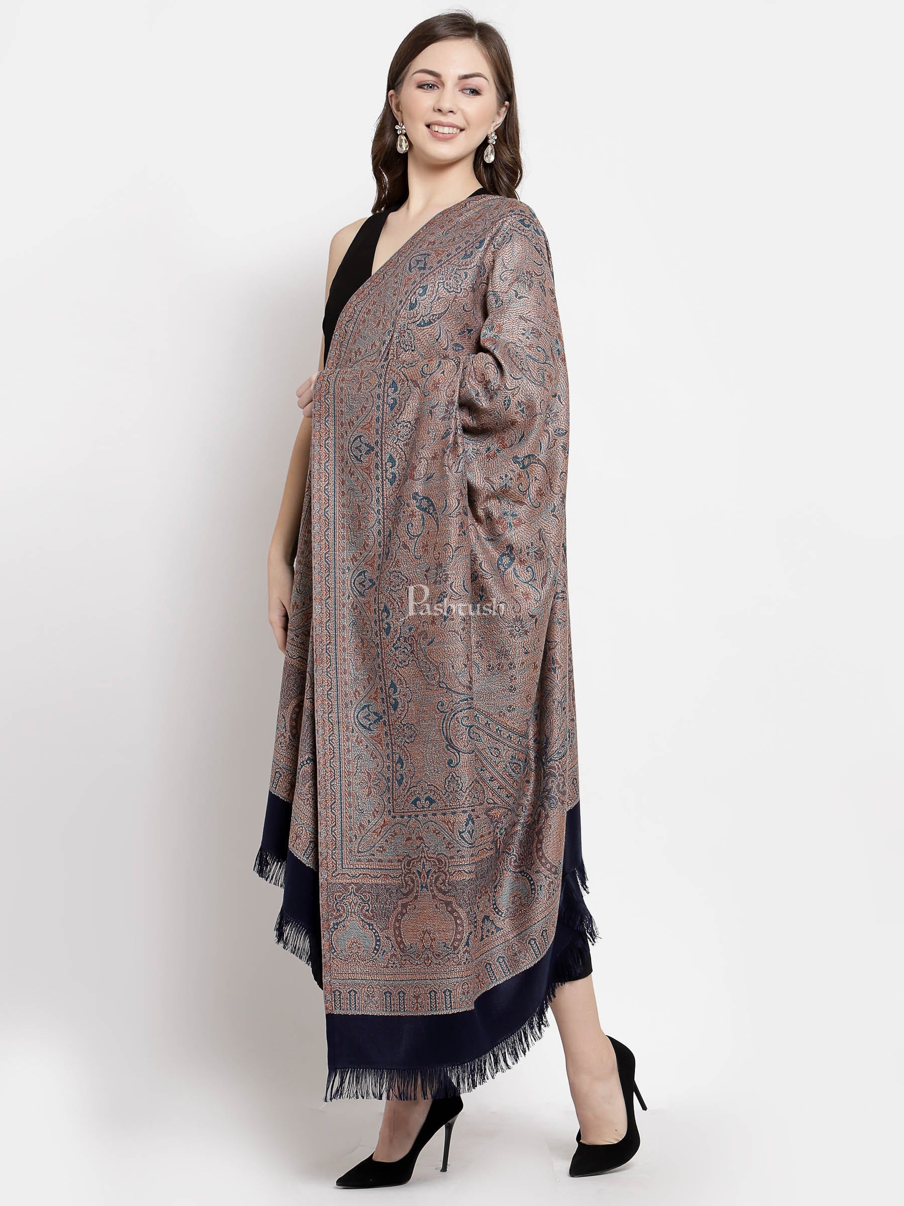 Pashtush Women'S Jamawar Shawl, Faux Pashmina, Navy Blue, Reversible - Image 4