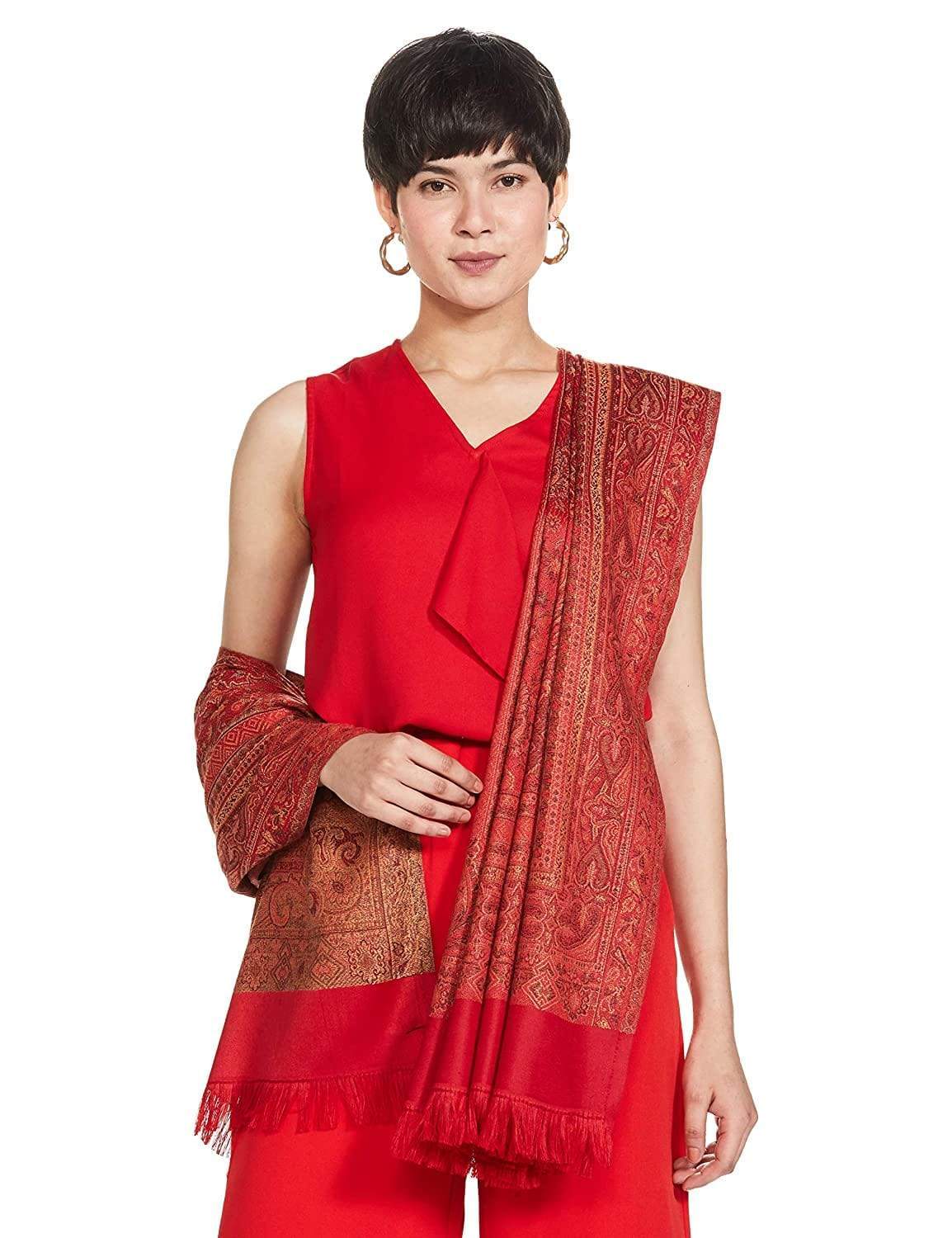Pashtush Women'S Jamawar Shawl, Scarlet Red - Image 2