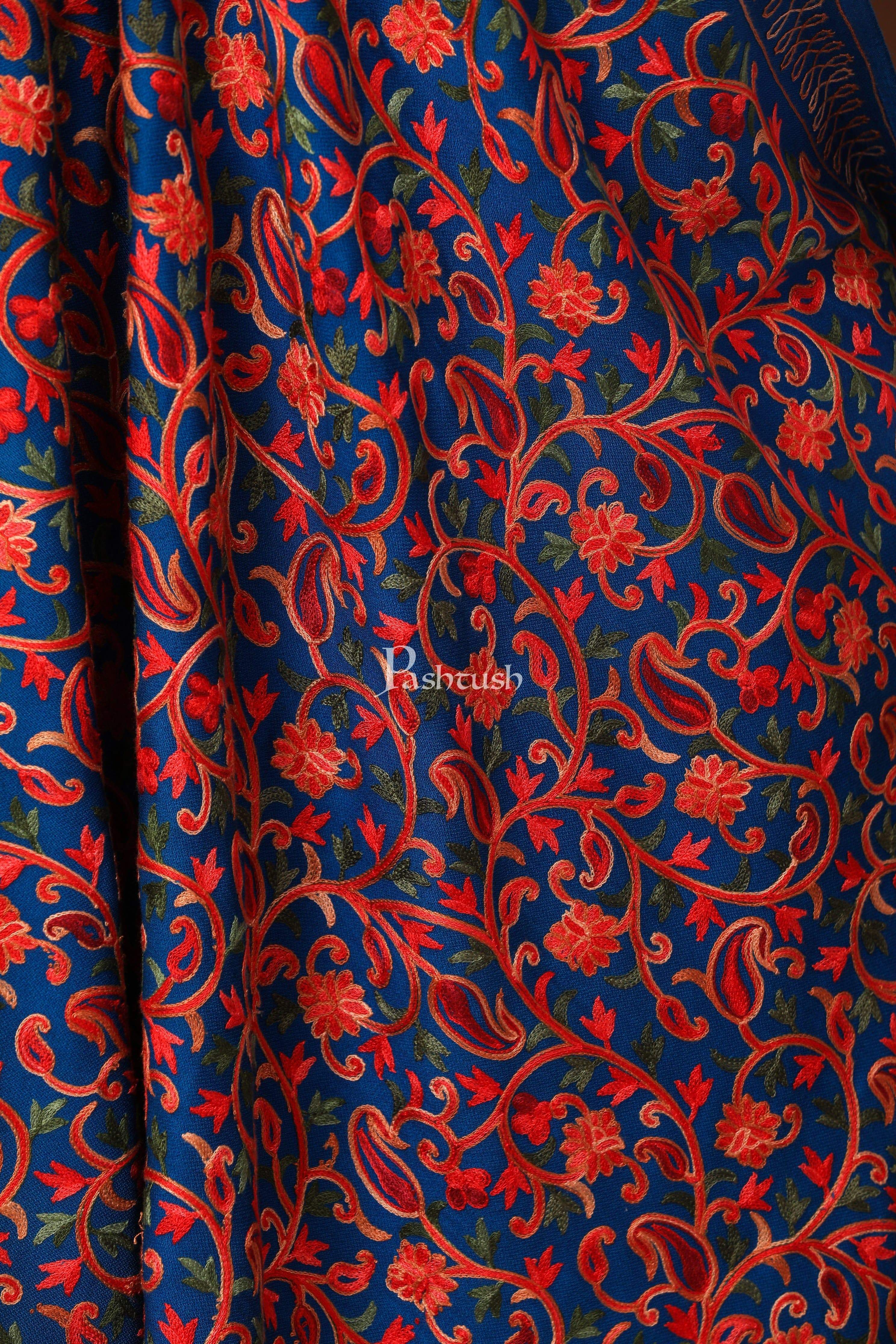Pashtush Womens Shawl, Aari Embroidery, Navy - Image 2