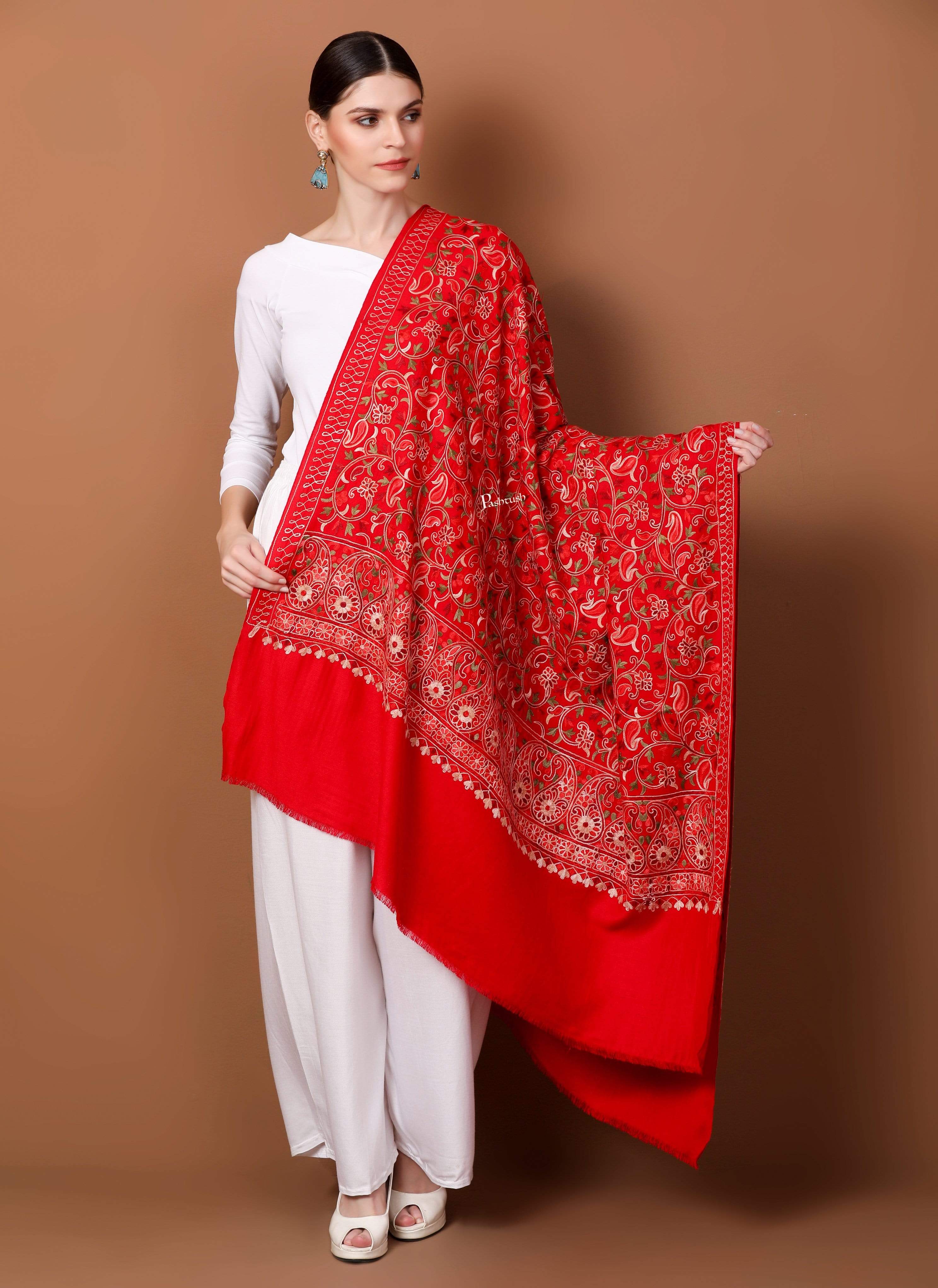 Pashtush Womens Shawl, Aari Embroidery, Red