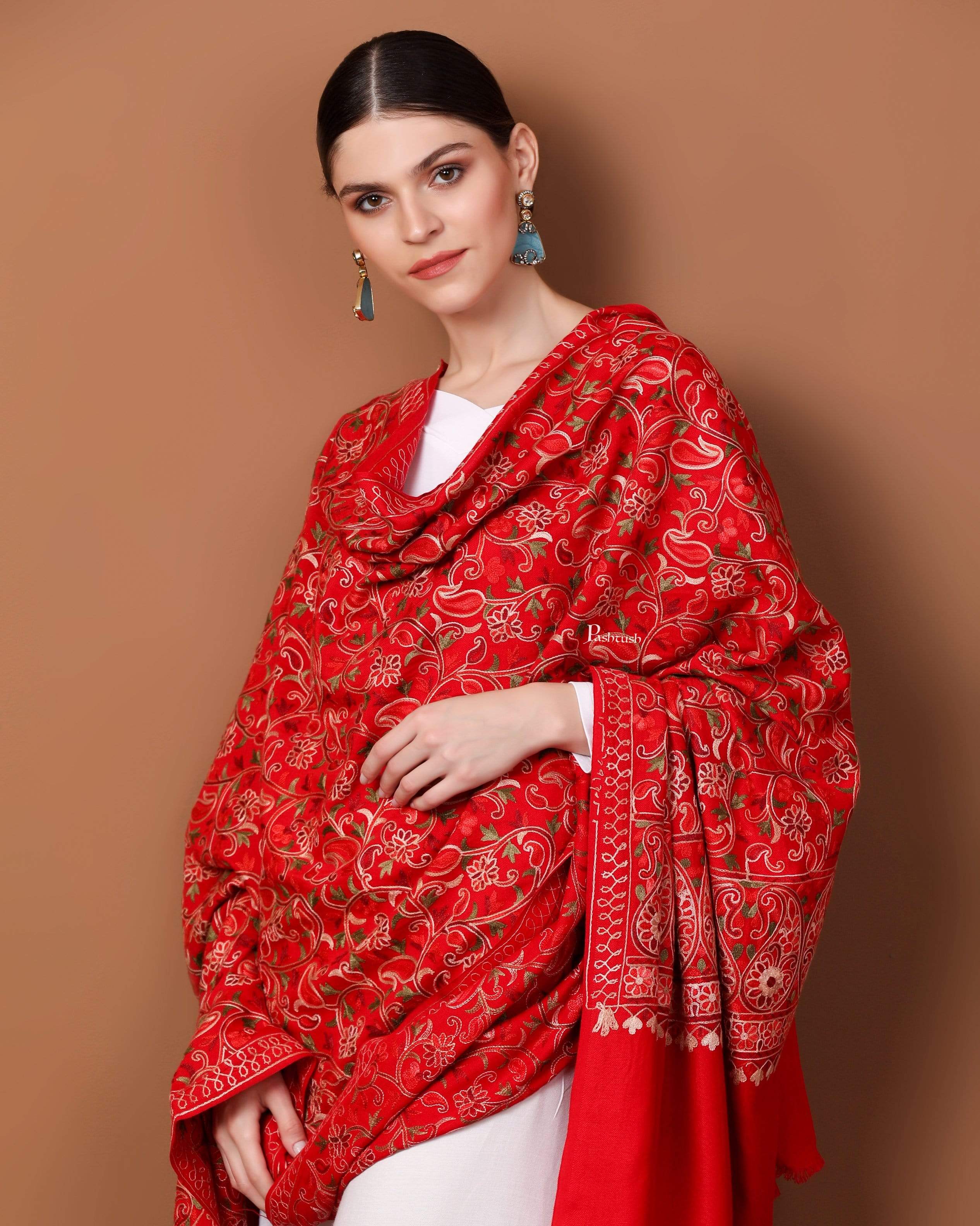 Pashtush Womens Shawl, Aari Embroidery, Red - Image 4