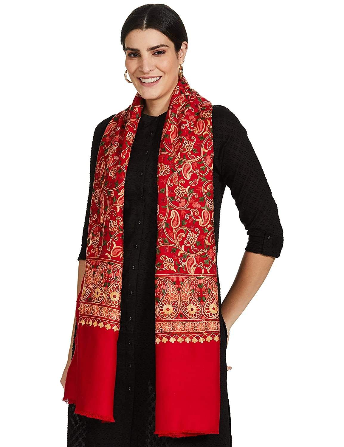 Pashtush Womens Shawl, Aari Embroidery, Red - Image 6
