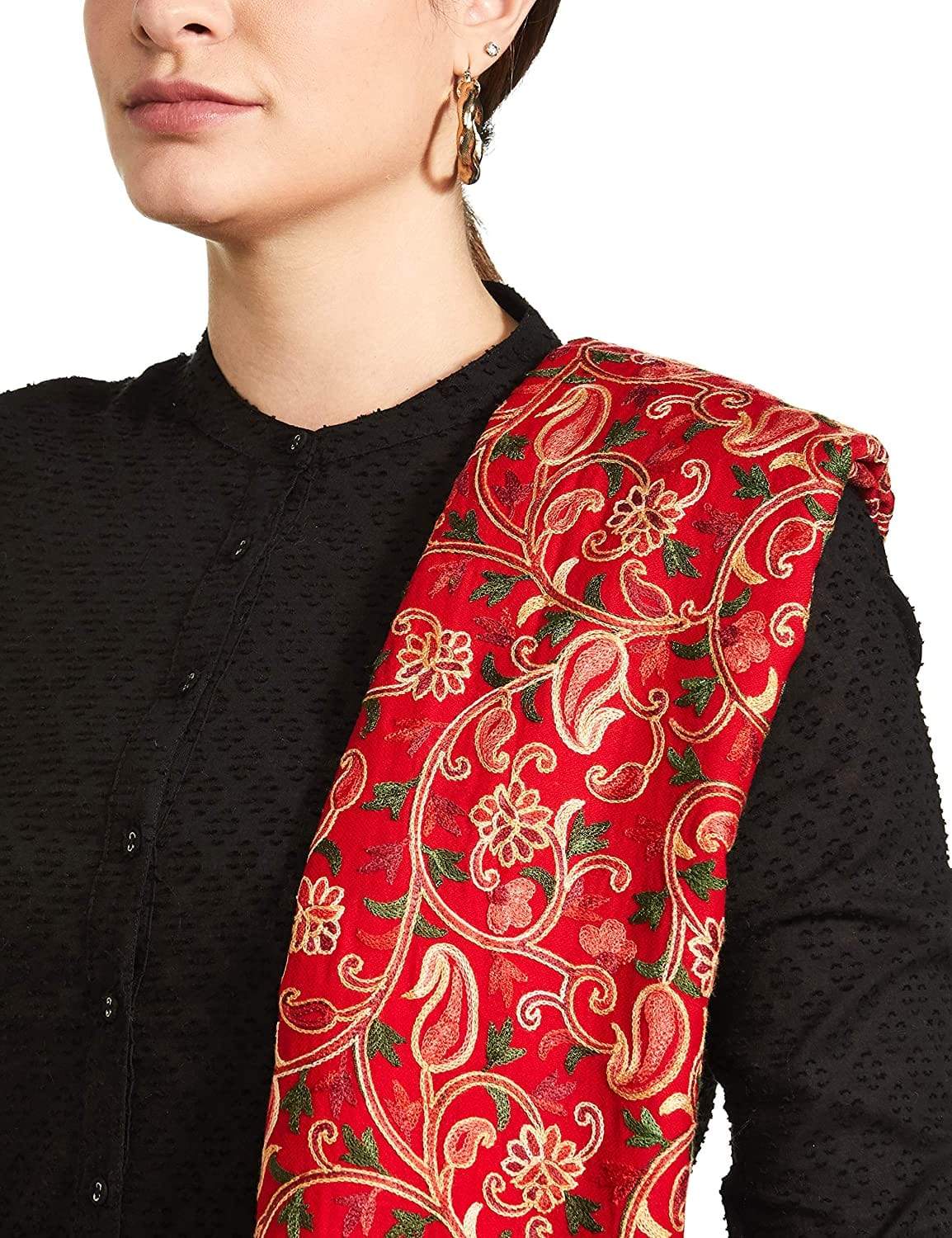 Pashtush Womens Shawl, Aari Embroidery, Red - Image 7