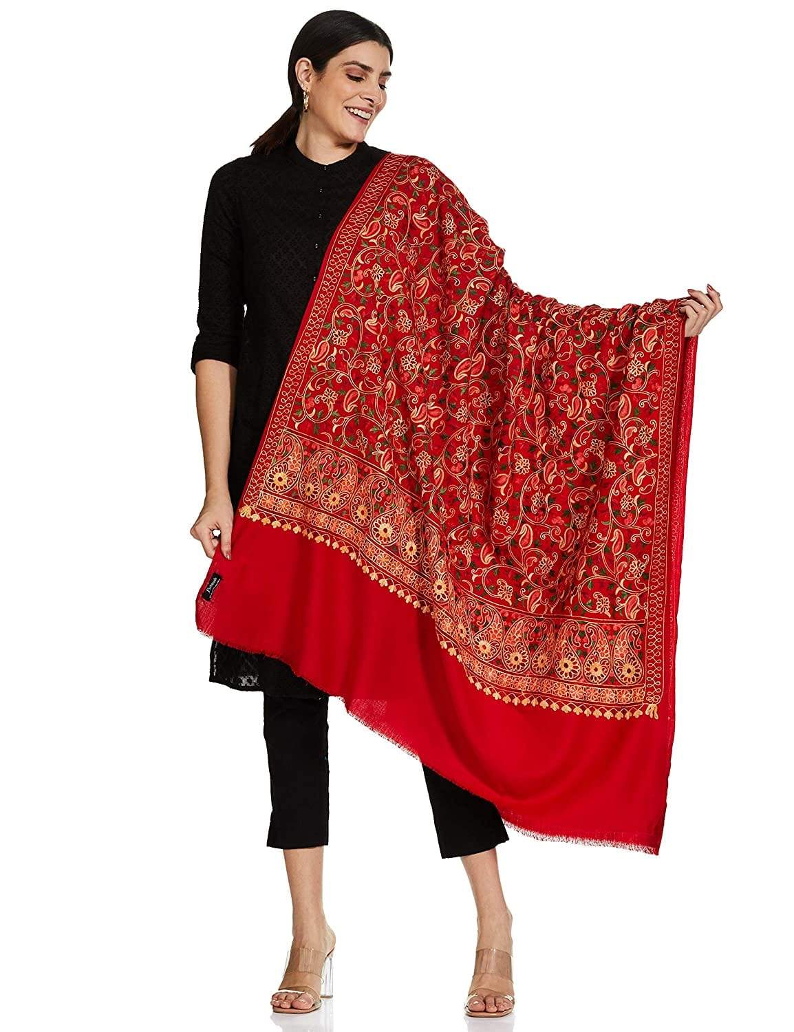 Pashtush Womens Shawl, Aari Embroidery, Red - Image 8