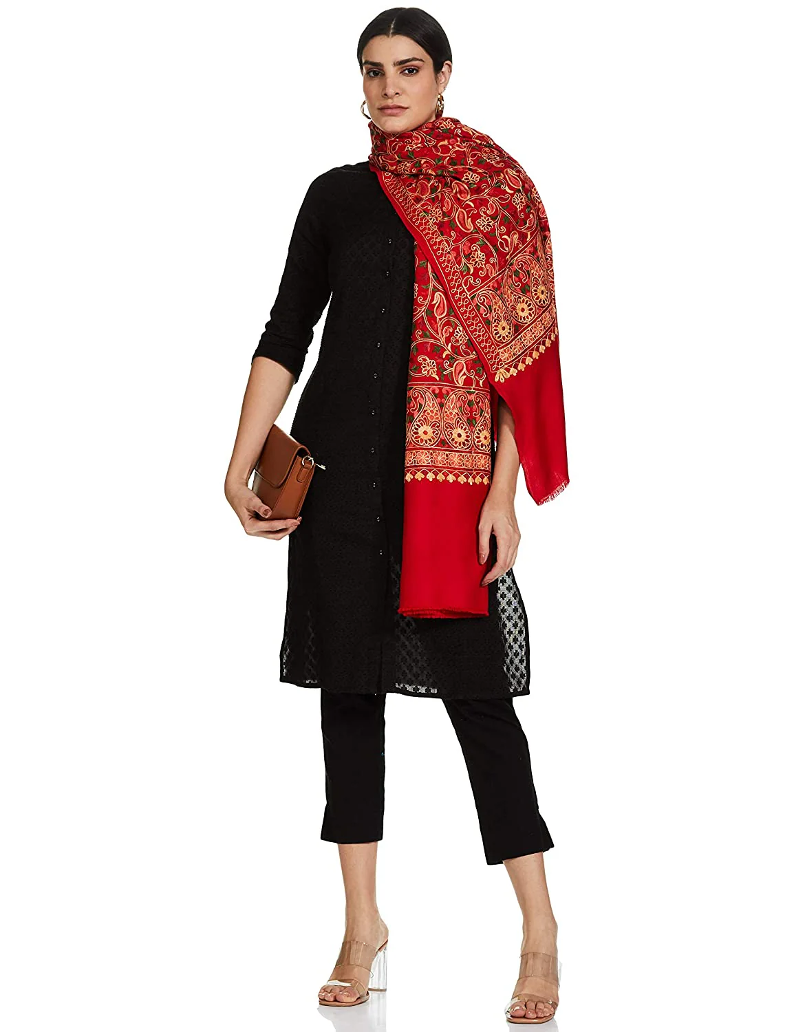Pashtush Womens Shawl, Aari Embroidery, Red - Image 9