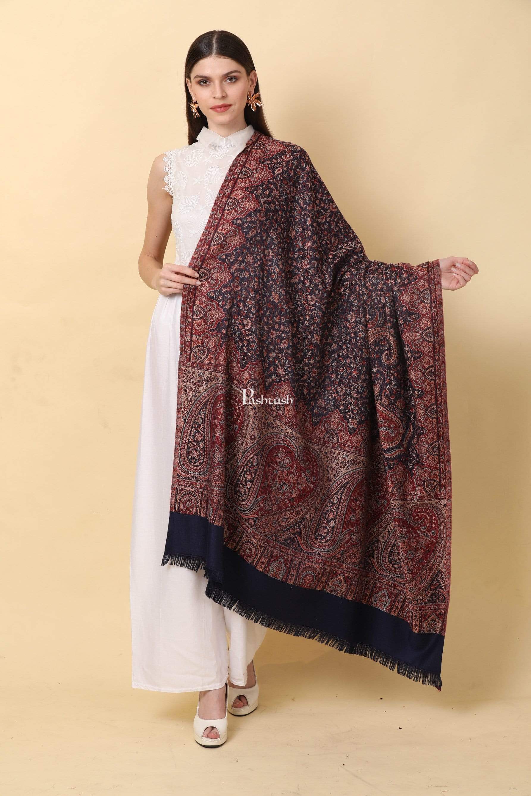 Pashtush Women'S Shawl, Faux Pashmina Design, Navy Blue