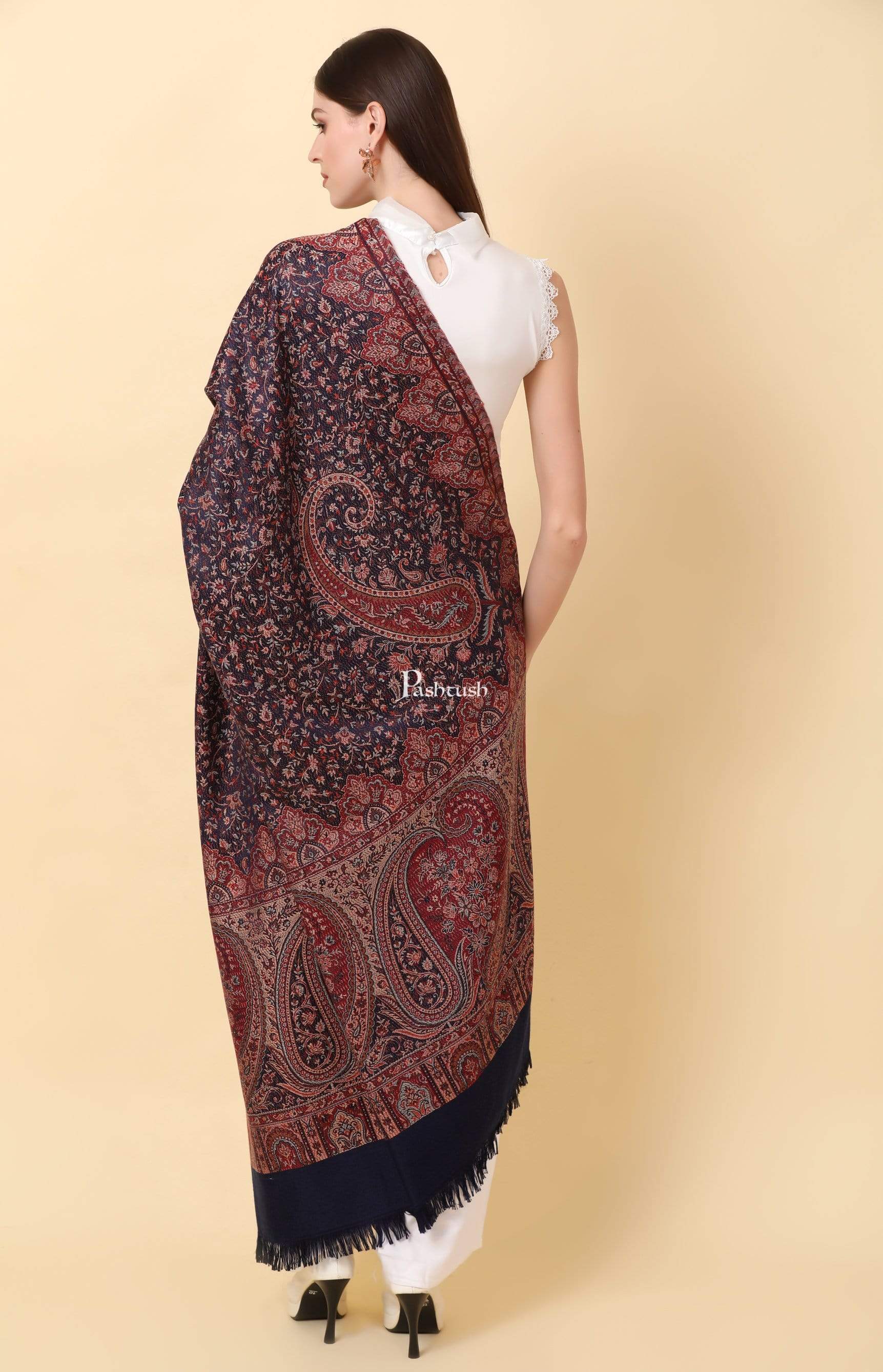 Pashtush Women'S Shawl, Faux Pashmina Design, Navy Blue - Image 2